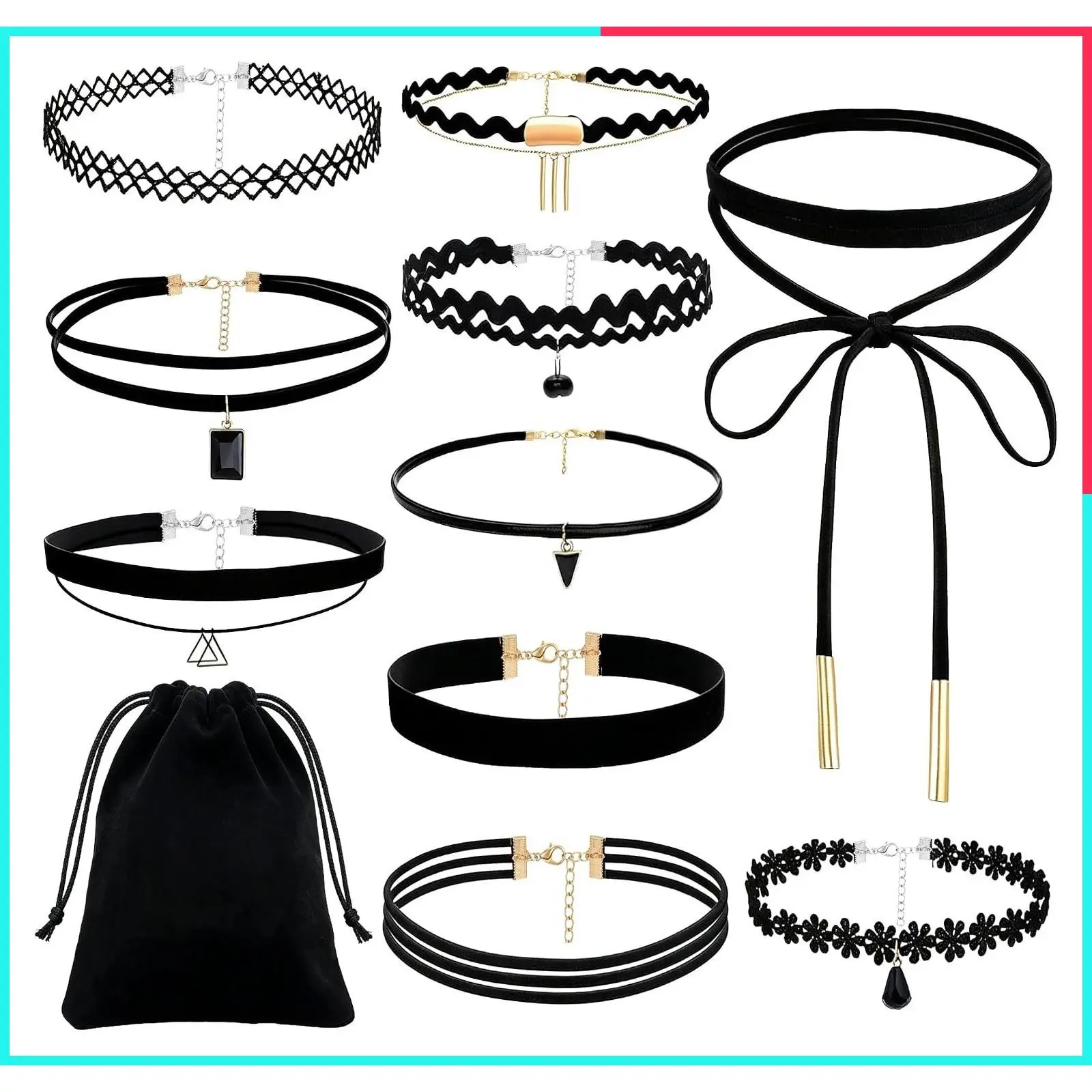 10Pcs Black Choker Necklace for Women - Stretchy Elastic Tattoo Collar, Emo Gothic Y2K 90s Grunge Punk Retro Rock Concert Cosplay Accessories