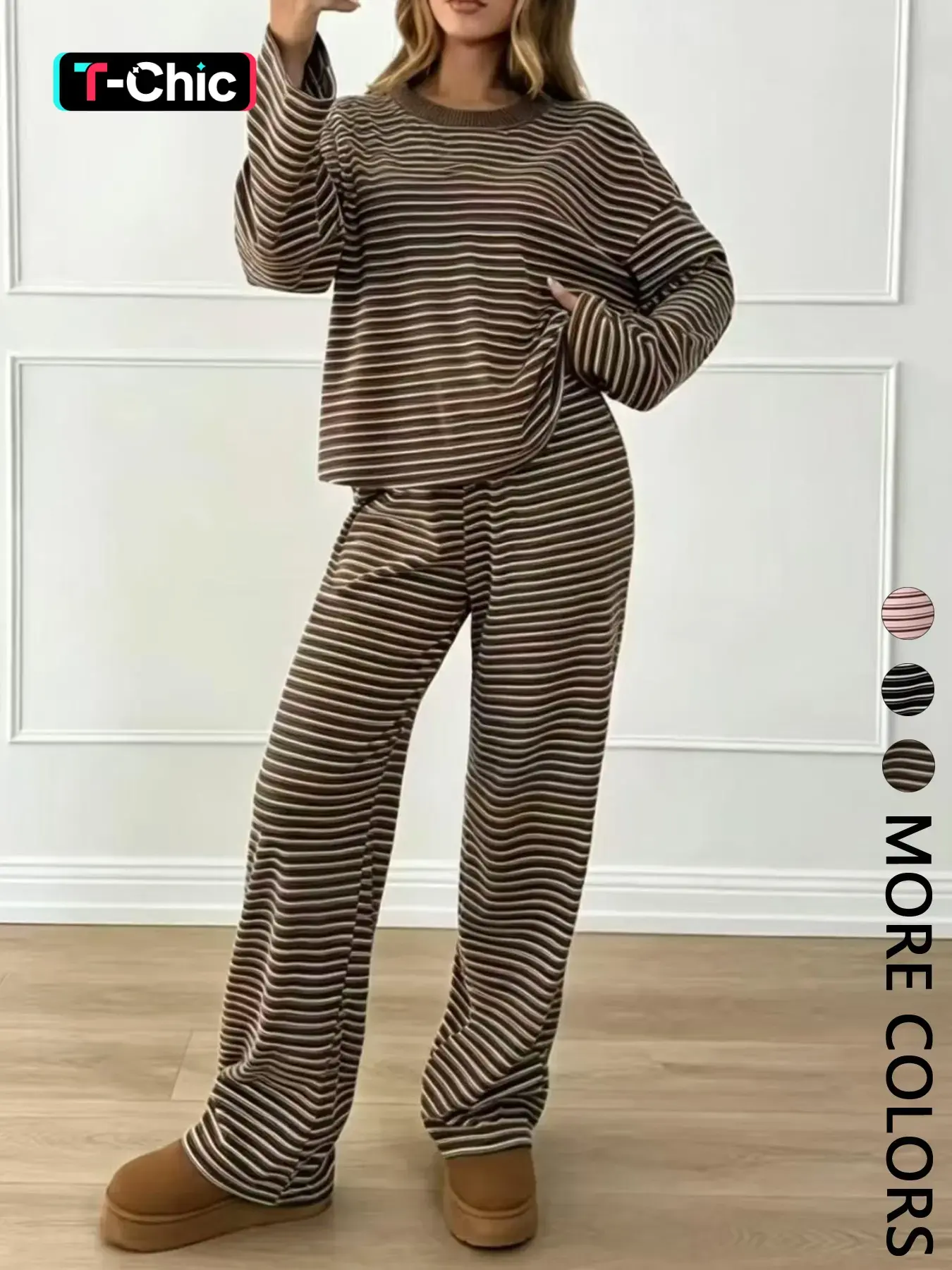 Women's Loose-Fit Striped 2-Piece Set, Casual Long Sleeve Top and Wide-Leg Pants, Comfortable Outfit for All Seasons