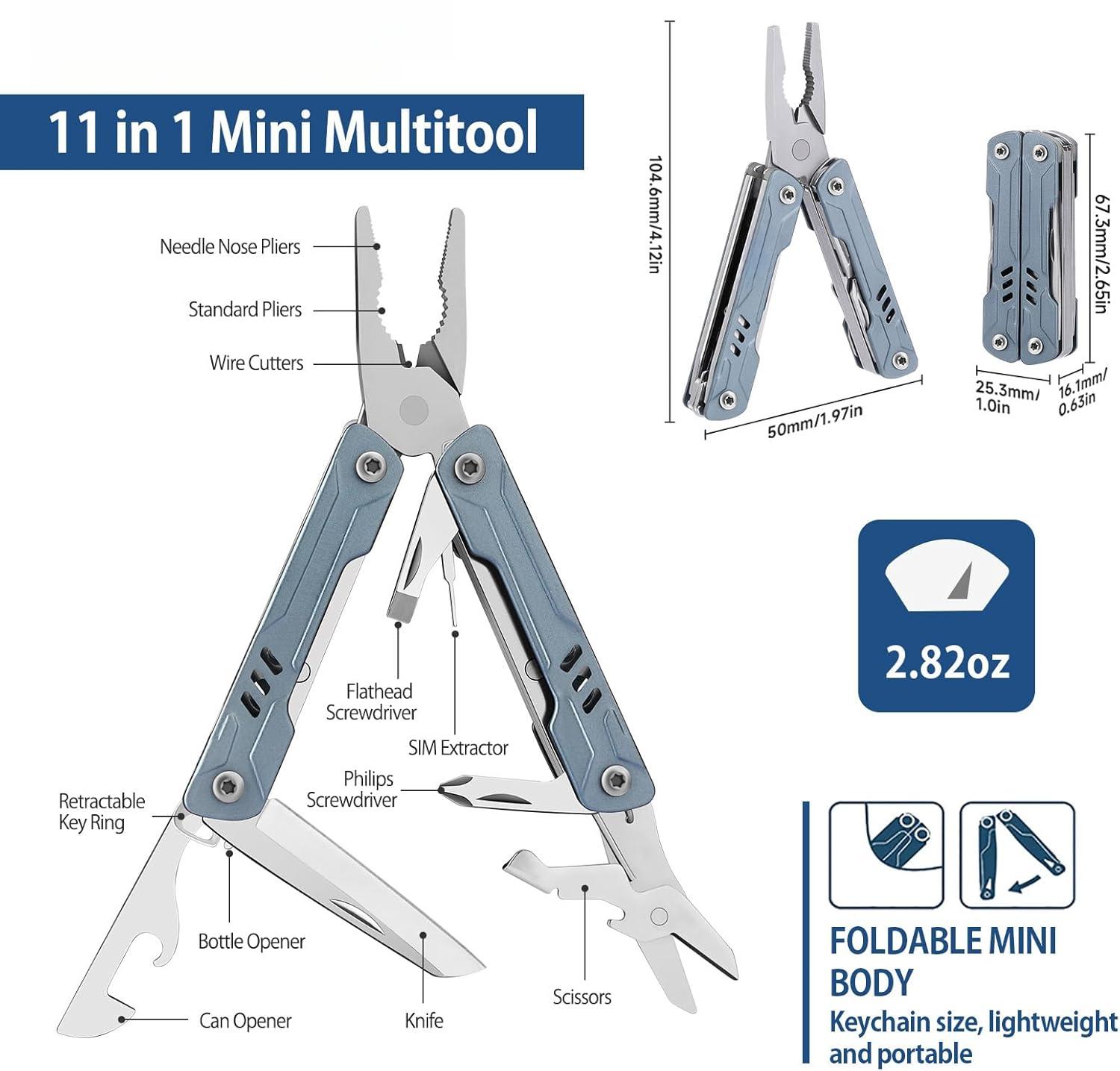 S11 Keychain Multitool, 11-in-1 Compact EDC Pliers with Pocket Knife, Scissors & Screwdrivers, Lightweight Small Multitool for DIY, Travel, Camping, and Gift, Cool Gadget for Men