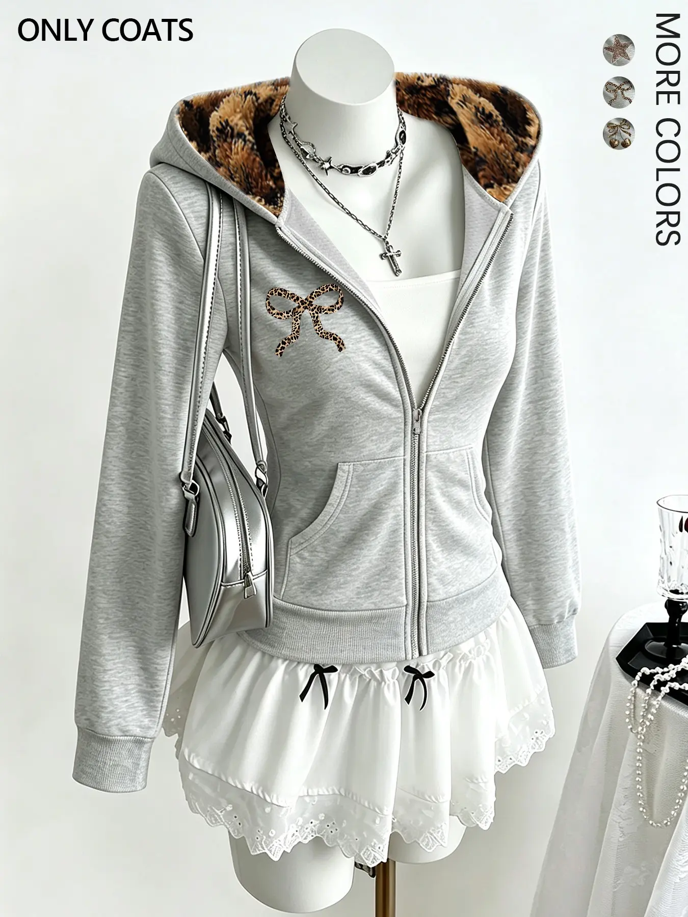 Women's Y2K Zip Hoodde Jacket, Leopard Lined in the Hood & Bow Print Top, For Dating & Shopping Trip