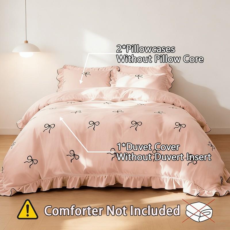 3-Piece Pink Bow Bedding Set with ruffled duvet cover and pillowcases, without fillers, a must-have for exquisite home decor.