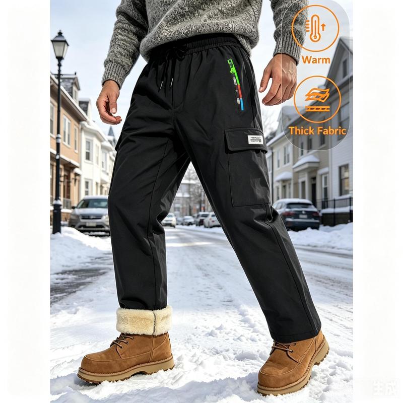Men's Fleece-Lined Insulated Snow Pants - Windproof Multi-Pocket Loose Pants for Skiing, Cold Weather Outdoor Commute Work Wear, Windproof Men's Pants