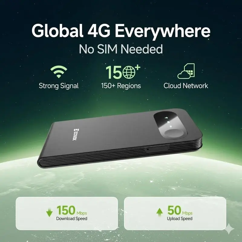 Compact Slim Plastic ABS Portable 4G Global WiFi Hotspot, No SIM Card Needed, 150Mbps Download/50Mbps Upload Speed, Cloud Network Multi-Device Router for 150+ Regions, Travel Internet Device for Camping, Business Trip