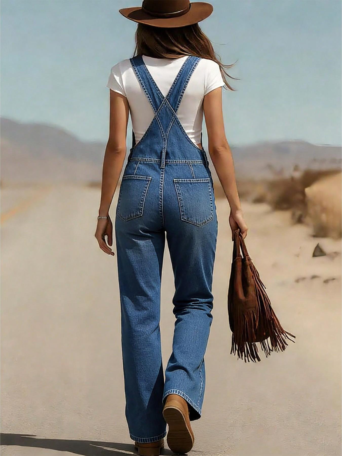 Women's Denim Overall Pants, Adjustable Straps, Pocketed Jumpsuit, Vintage Casual, Elegant Comfort, Street Style, Spring Summer All Seasons