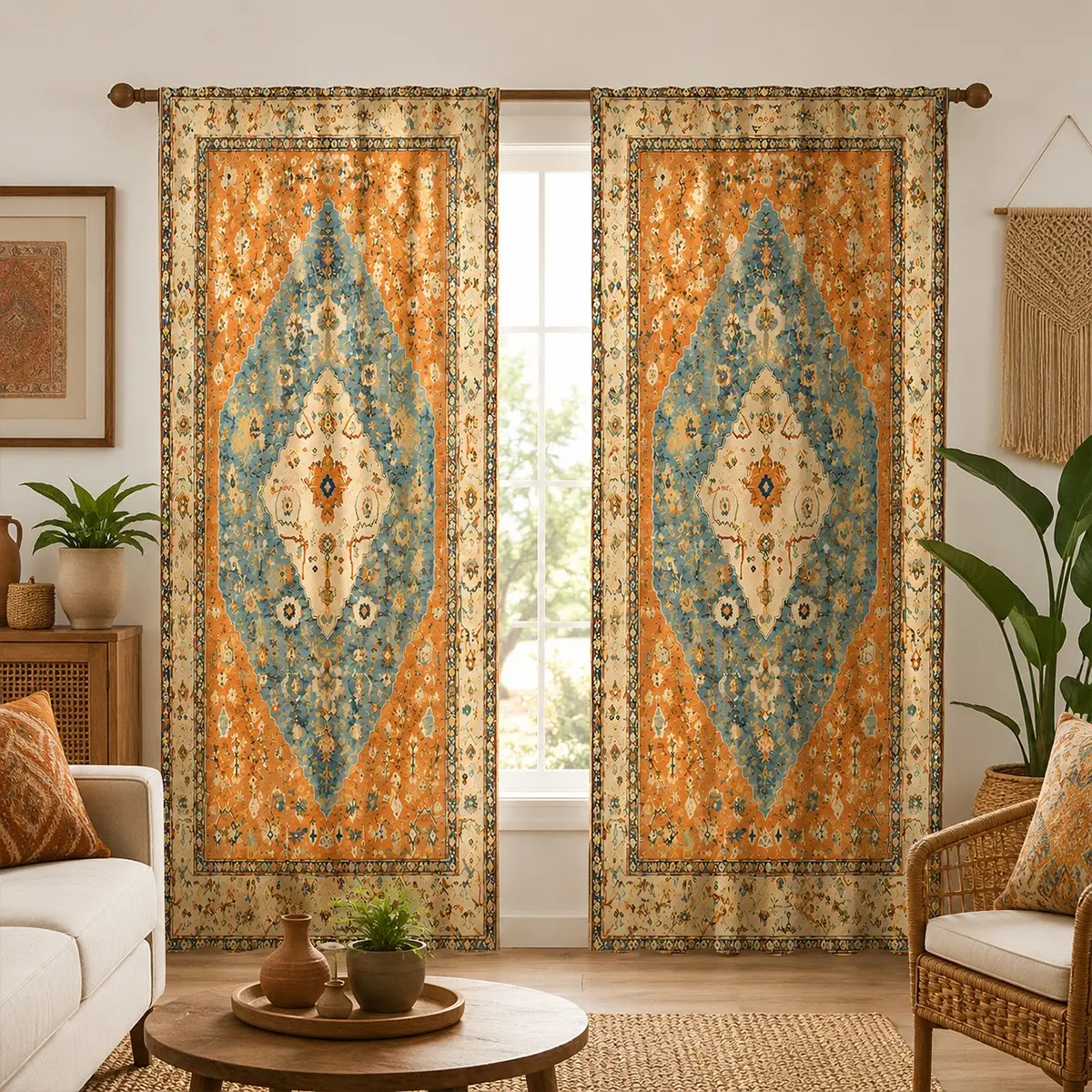 2pcs Orange and blue vintage Persian diamond pattern semi-blackout curtains, Bohemian carpet pattern fabric curtains, pocket rod installation, made of polyester, suitable for bedrooms, kitchens, studies, etc.