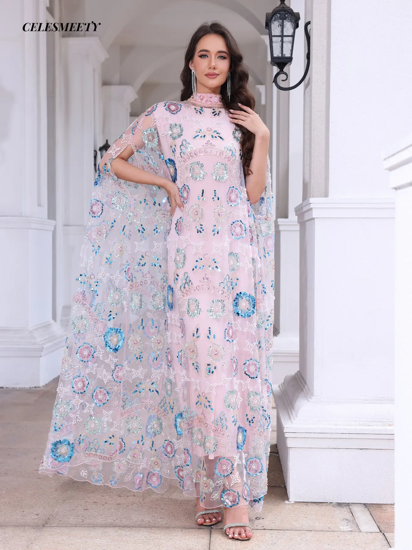 Celesmeety Luxury Sequin Sheer Dress, Women's Loose Islamic Muslim Clothing, Elegant Kaftan for Daily Wear & High-End Events, Outer Layer Only (Inner Slip Not Included)