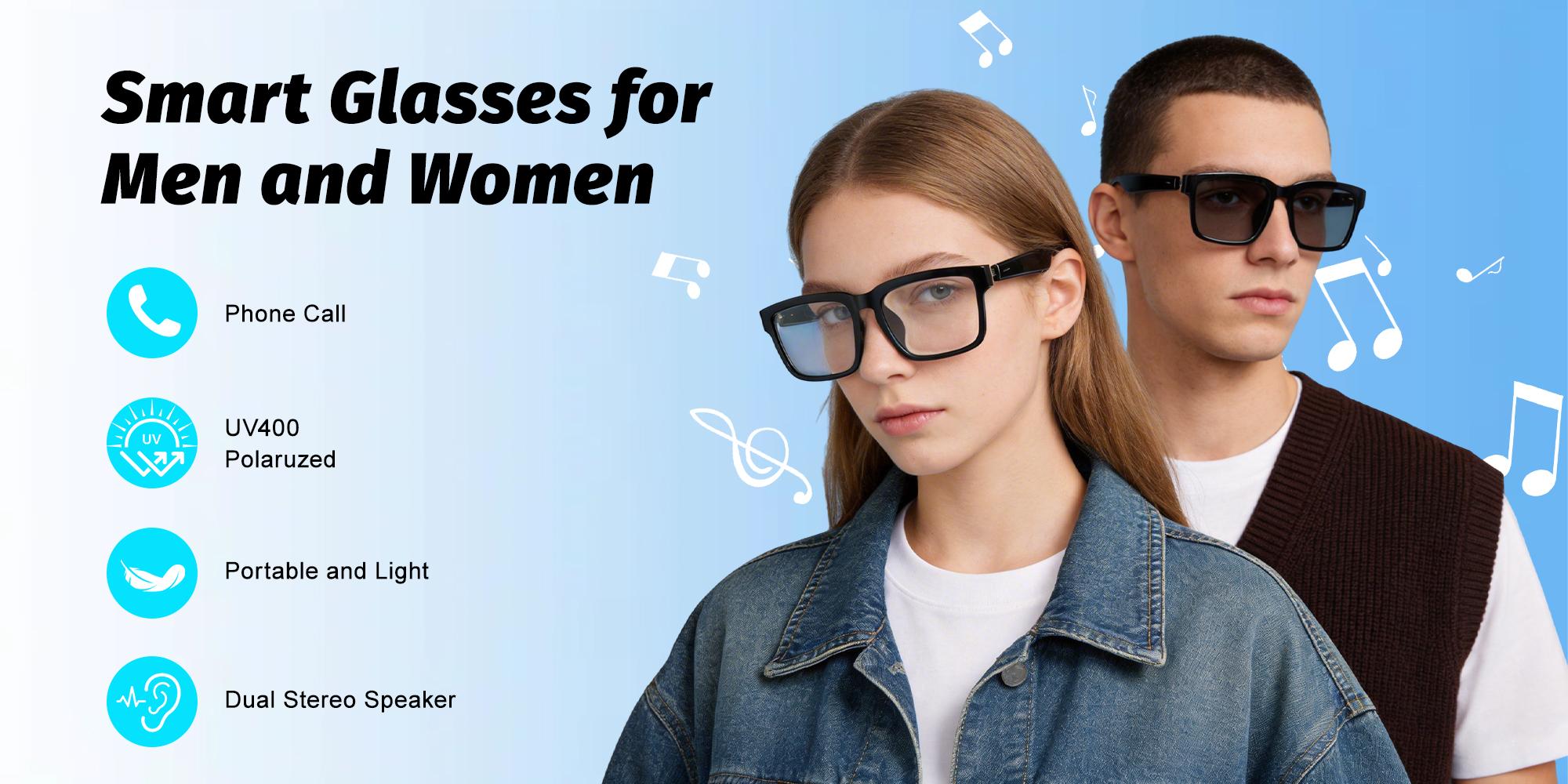 Bluetooth Audio Smart Glasses,Blue Light/Polarized Sunglass Glasses for Women Men,Open Ear Sound Mic & Speakers, Magnetic Charging,Touch & Voice Assistant