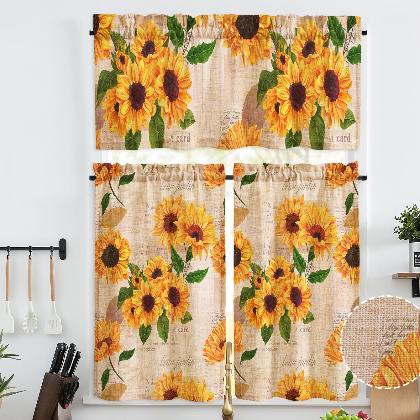 JIT 1PC/2PCS/3PCS linen printed curtains, fresh pastoral style with warm-toned sunflower patterns, semi-transparent rod-pocket type, 195G fabric texture, suitable for kitchens and bedrooms, making your home warmer and cozier, Window Curtain