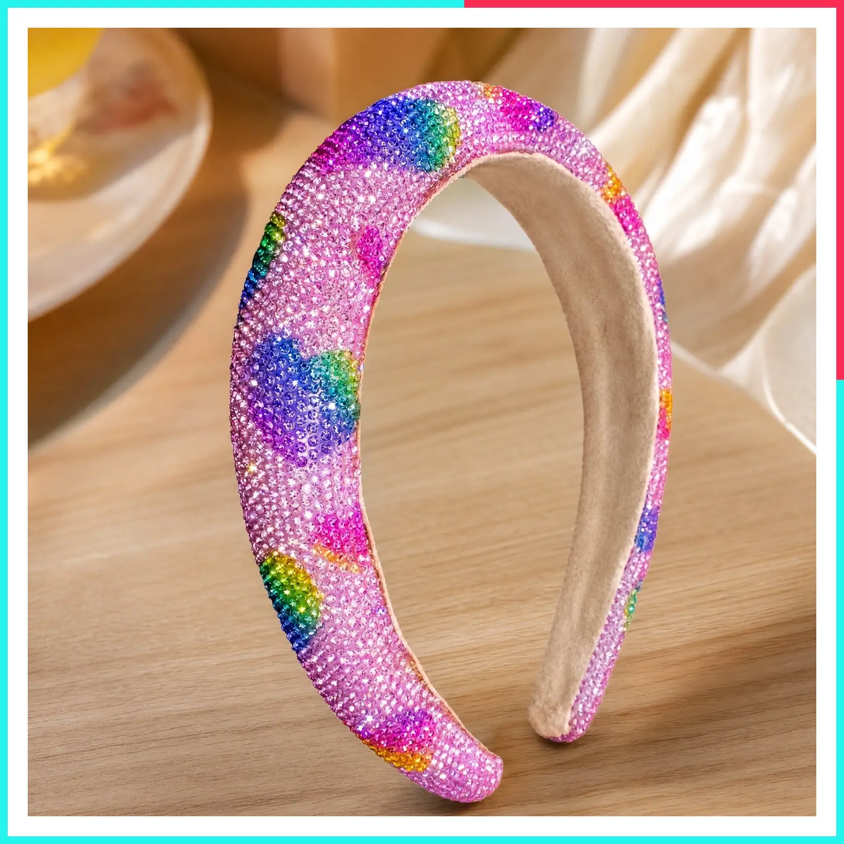Padded Rhinestone Headbands for Girls - Rainbow Heart Toddler Hair Accessories, Kids Sparkle Hair Bands, Cute Valentine's Day Headband for Back to School