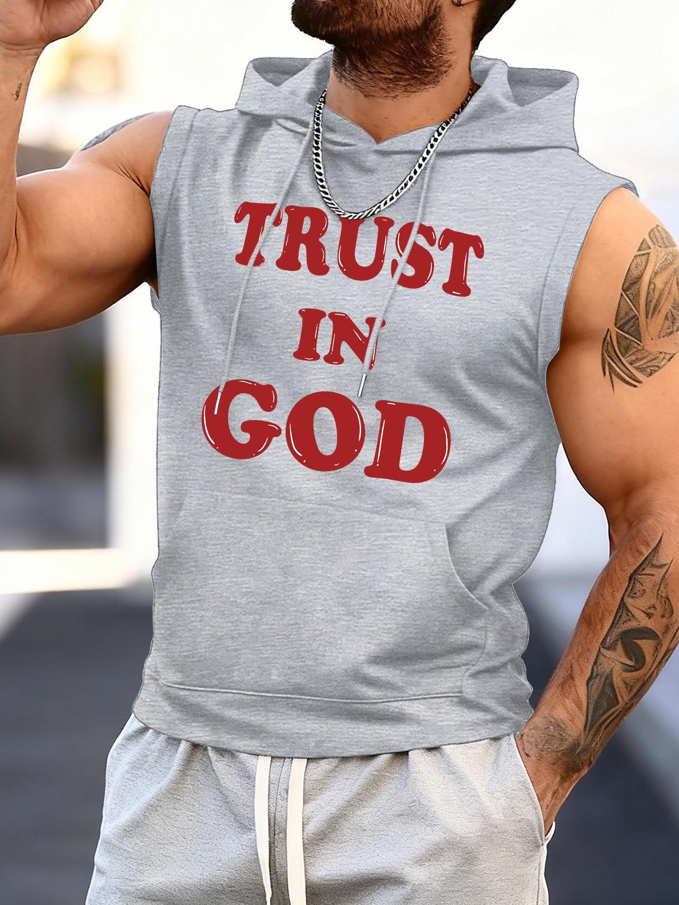 Trust in God Faith Slogan Print Sleeveless Hooded Vest for Men, Summer Fashion Religious Style, Sporty Geometric Pattern