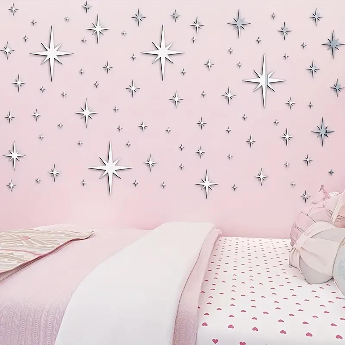 82 Piece 3D Acrylic Star Mirror Wall Stickers, Detachable Self-Adhesive Decorative Decals, Ceiling Bedroom Living Room Girl's Room, /silver Color