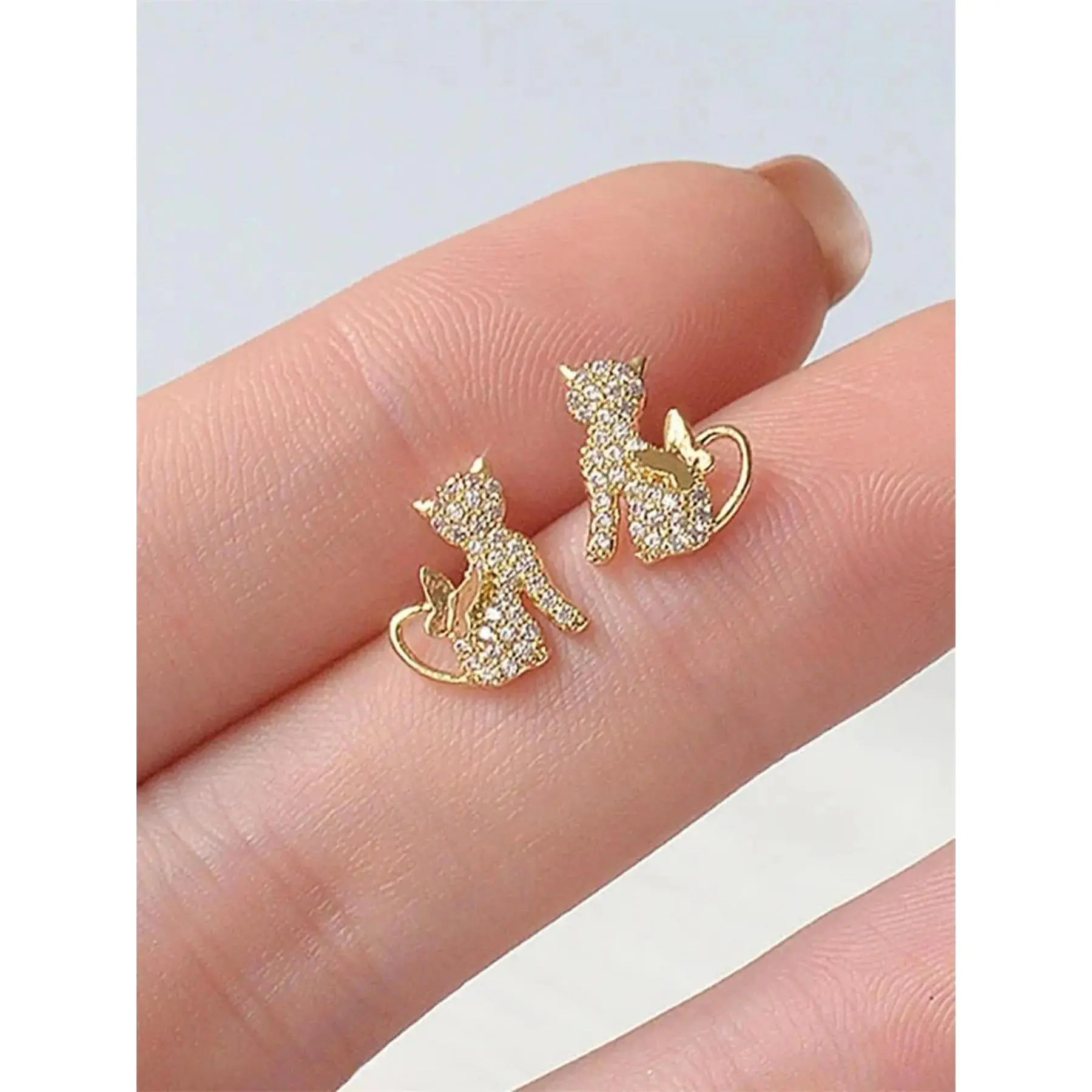 Women's Dainty Look Cat Design Stud Earrings - Rhinestone Embellished Fashion Costume Jewelry, All-Match Exquisite Birthday Gift Accessory