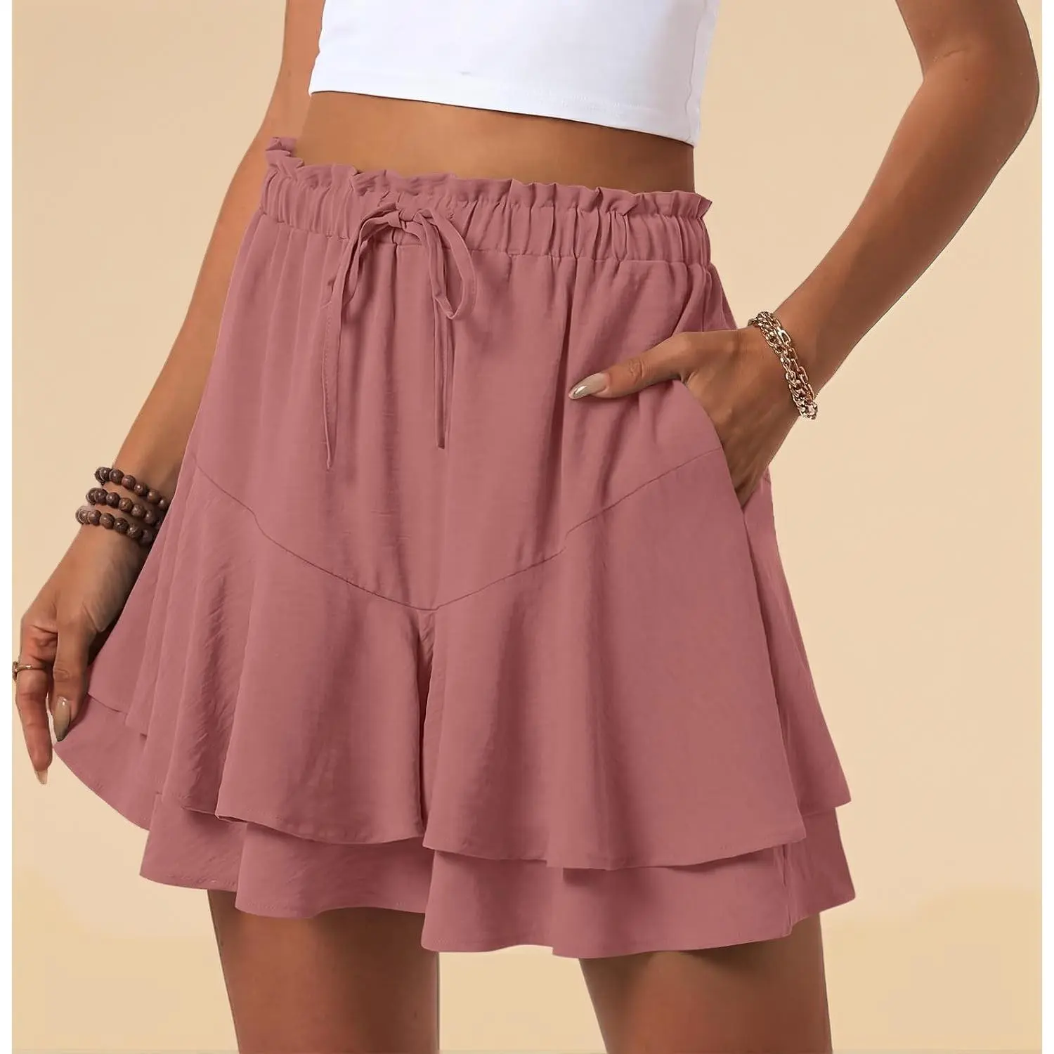 Shorts for Women Flowy Ruffle Boho High Waist Loose Dressy Casual Shorts Summer Beach Outfits with Pockets