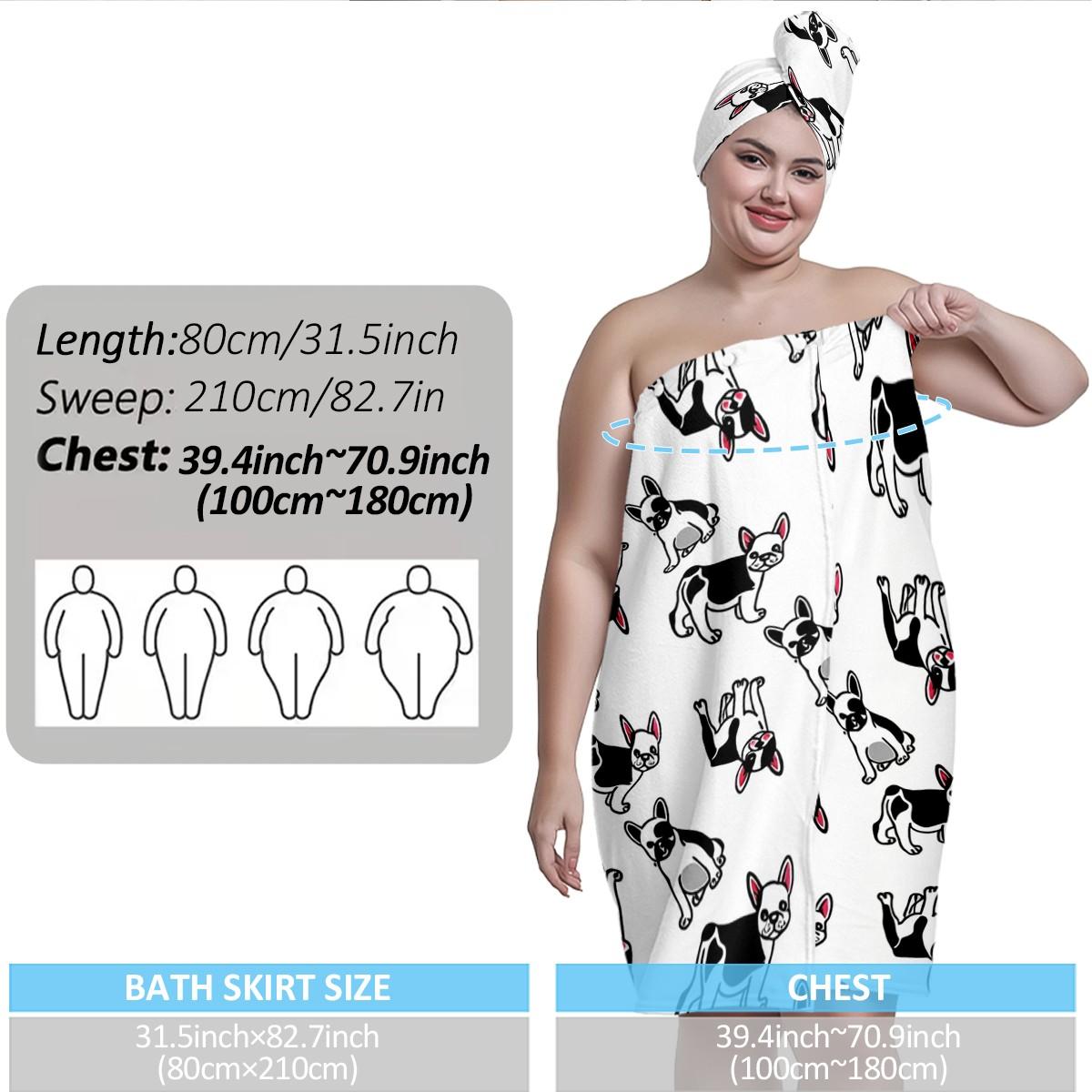 Bulldog print bath skirt + hair drying cap set, plus sizes M-XXXXL, high-quality microfiber, soft and absorbent, non-slip adjustable shower wrap, multi-purpose spa bathrobe, suitable for dog lovers, bathrooms, pools, and beaches
