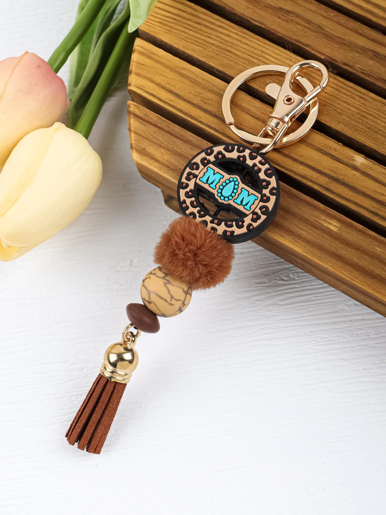 Mama Beaded Keychain, Mom Silicone Bead Key Ring, Mother's Day Gift, Leopard Print Keychain, Tassel Keychain, Mama Bag Charm, Sunflower Mama Keychain