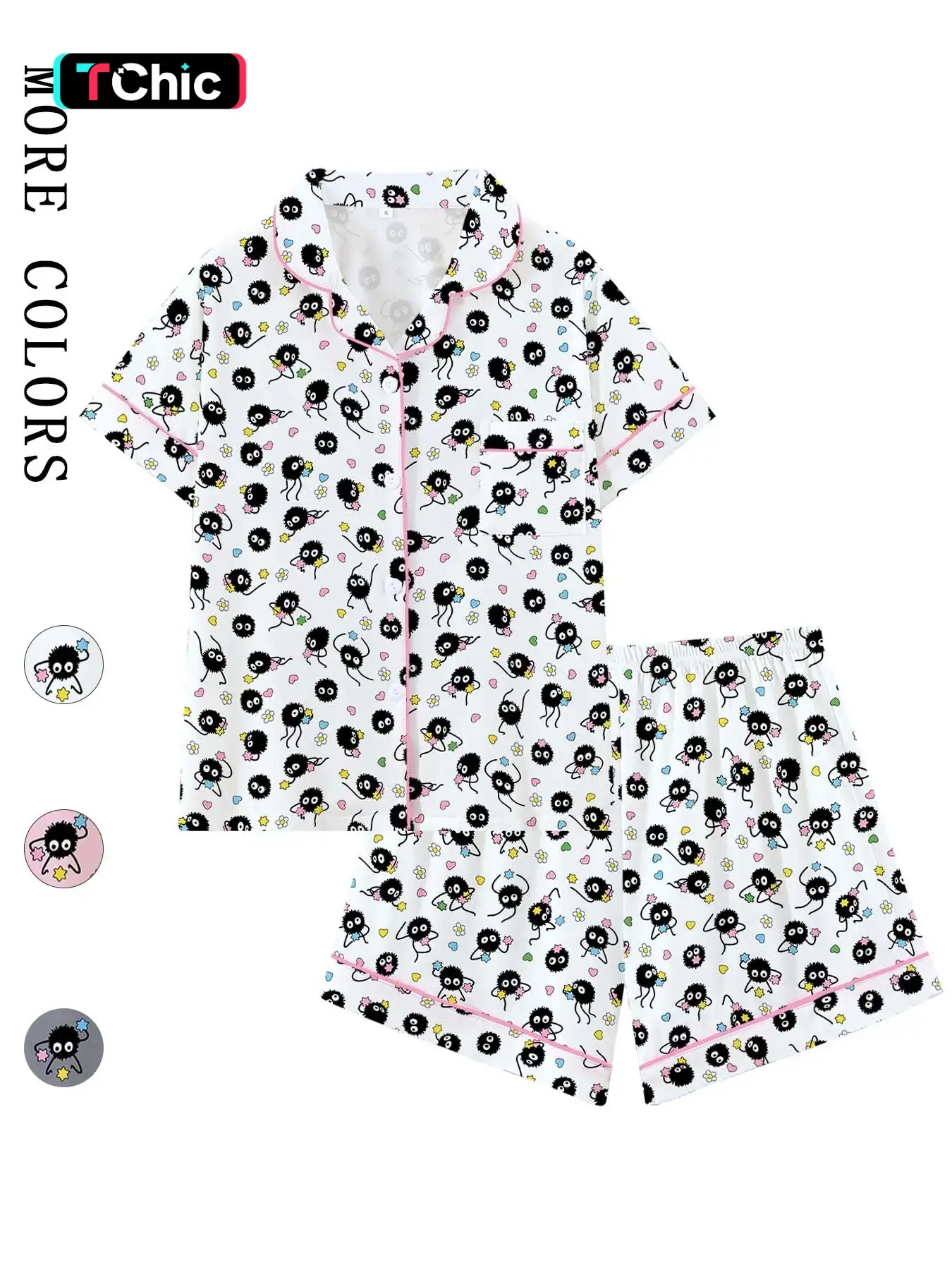 Spirited Away Coal Ball Elf Pajama Set, Cute Cartoon Lapel Short Sleeve Loose Fitting Sleepwear Loungewear, Comfortable Party & Vacation Wear, Ideal Gift