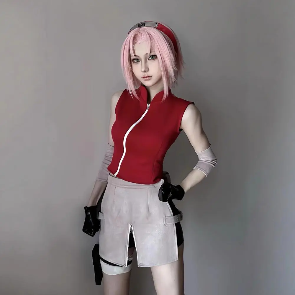 Anime Haruno Sakura Cosplay Costume Girl Top Shorts Set Glove Pouch Accessories Uniform Halloween Clothes Outfit