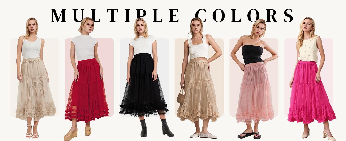 Women's Maxi Tulle Skirt Long Tiered A Line Mesh Tutu Fairy High Elastic Waist Pleated Layered Skirts