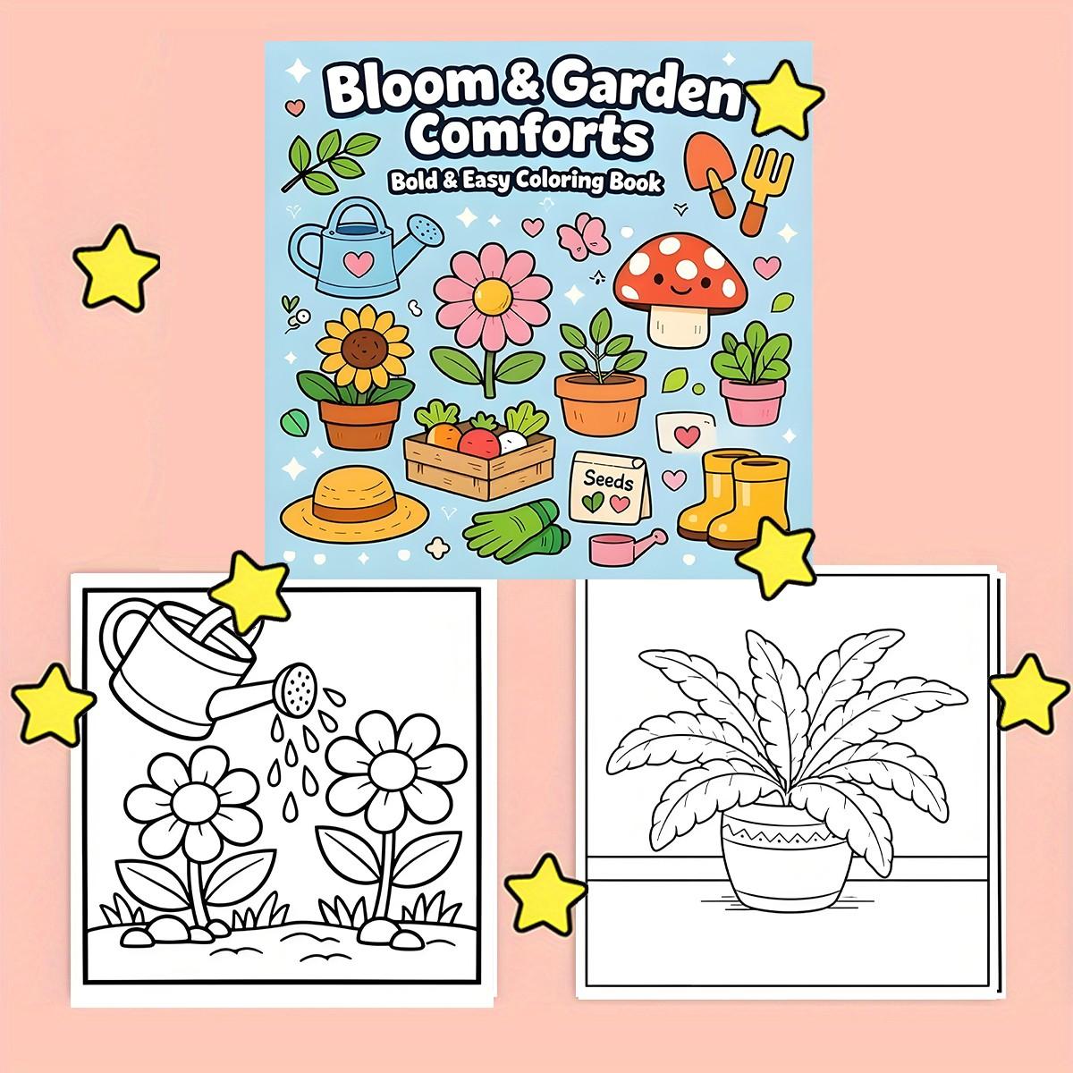 Bloom & Garden Comforts Bold & Easy Coloring Book for Kids & Adults - 22 Cute Kawaii Cozy Garden & Plant Coloring Pages, 120gsm Thick No Bleed Paper, Non-Toxic Odorless, Glue Binding, Perfect for Stress Relief