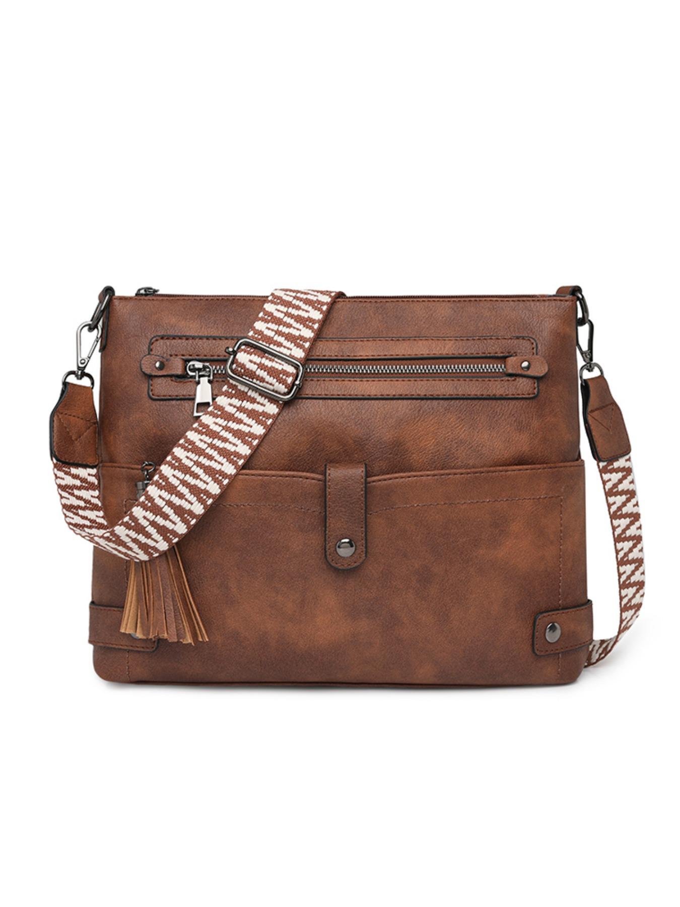 Vintage PU Crossbody Bag, Wide Strap Fringe Design, Large Capacity Shoulder Bag, Casual All-Season Tote, Multi-Layer Anti-Theft, Adjustable Strap