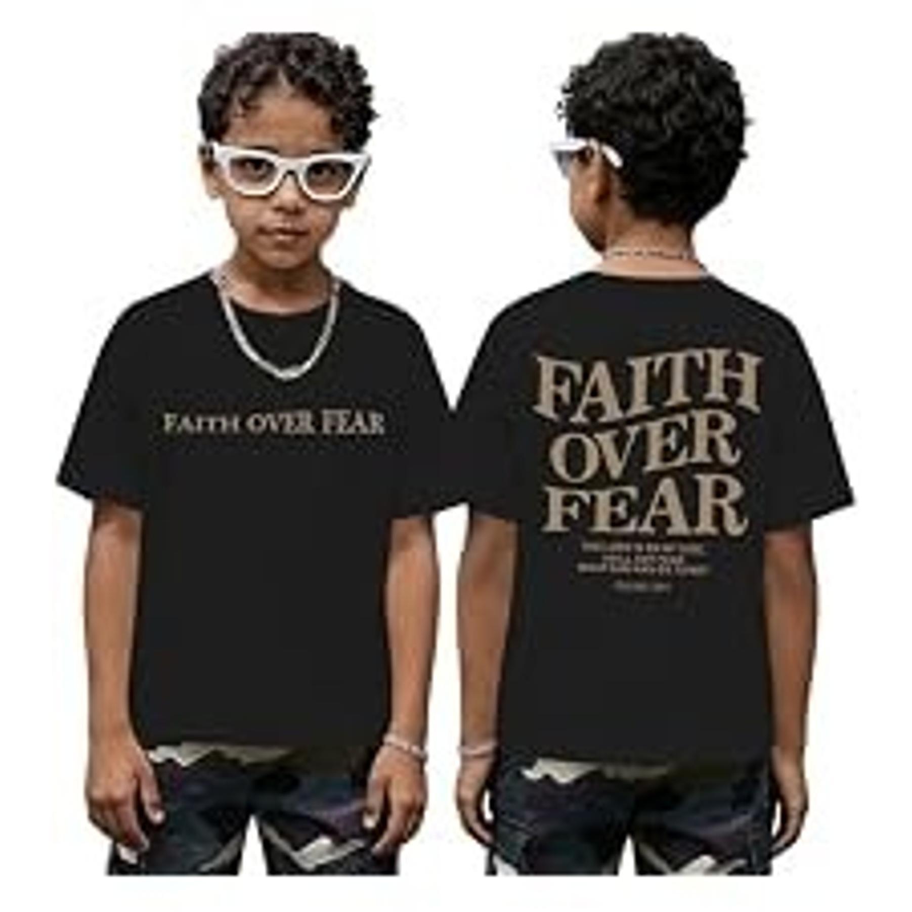 Boys Faith Over Fear Christian Jesus Graphic Tee - Bible Verse Religious Acid Wash T-Shirt for KidsGift