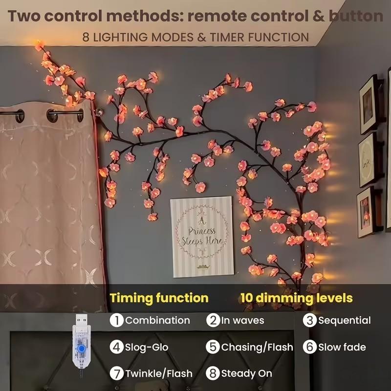 96 LED Cherry Blossom String Lights, Bendable Sakura Branches, 8 Lighting Modes, USB Powered, DIY Decor for Bedroom, Wall, Party, Wedding, Holiday, Versatile Usage