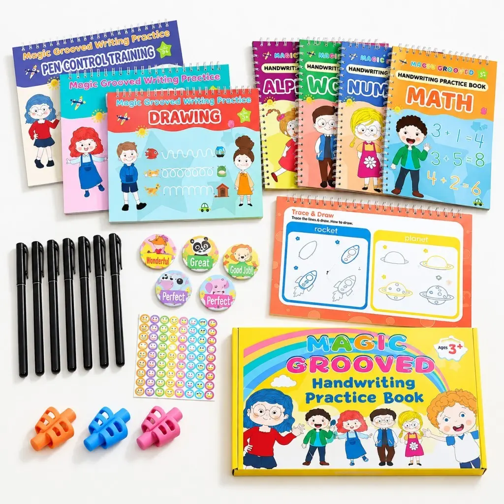 Premium 7 Magic Grooved Writing Practice Handwriting Books, Grooved Handwriting Practice Books for Letter Number Tracing, Writing Practice, Letter Tracing, Number Tracing, Study Materials