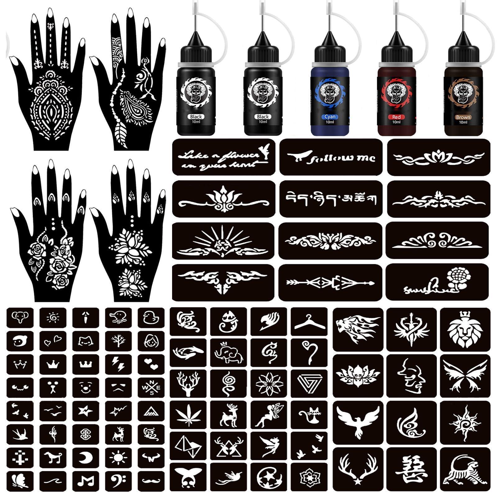BASIC SUPPLY Temporary Tattoo Kits Henna kit 5 Inks 96 Stencils Cosmetic Grade for Women Men Kids DIY Art Painting Party Gifts