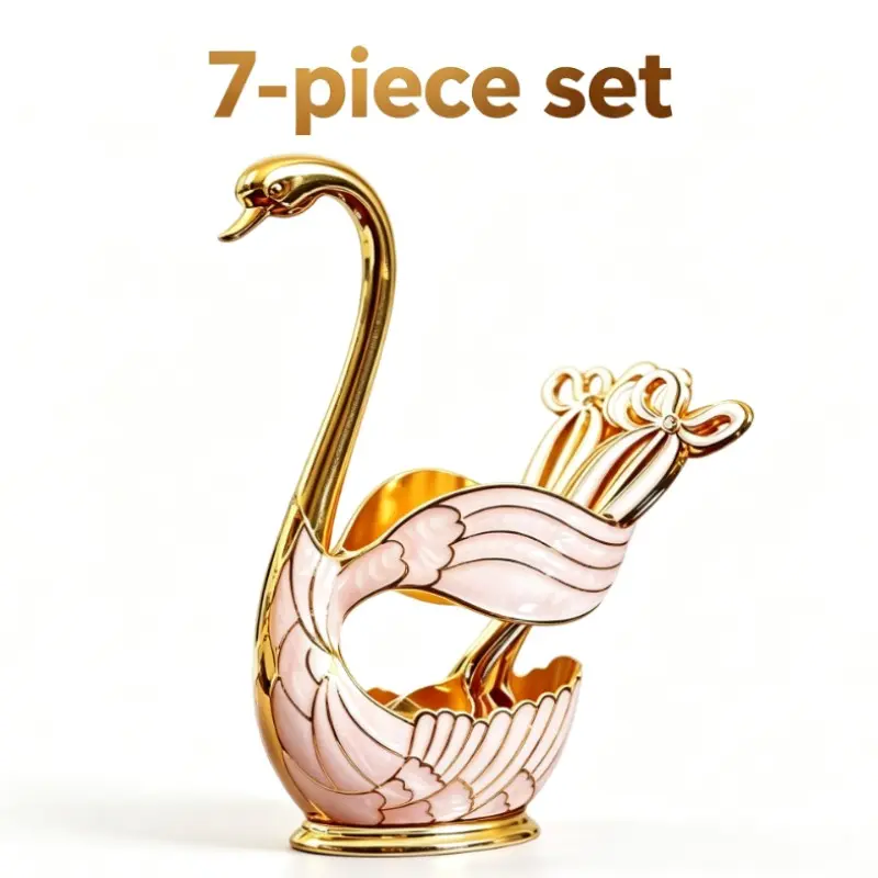 Gold & White Swan Base Dessert Spoon Set, 6Pcs Coffee & Ice Cream Teaspoons Organizer, Luxurious Stylish Design, Perfect for Home Use & Gifting, Cutlery