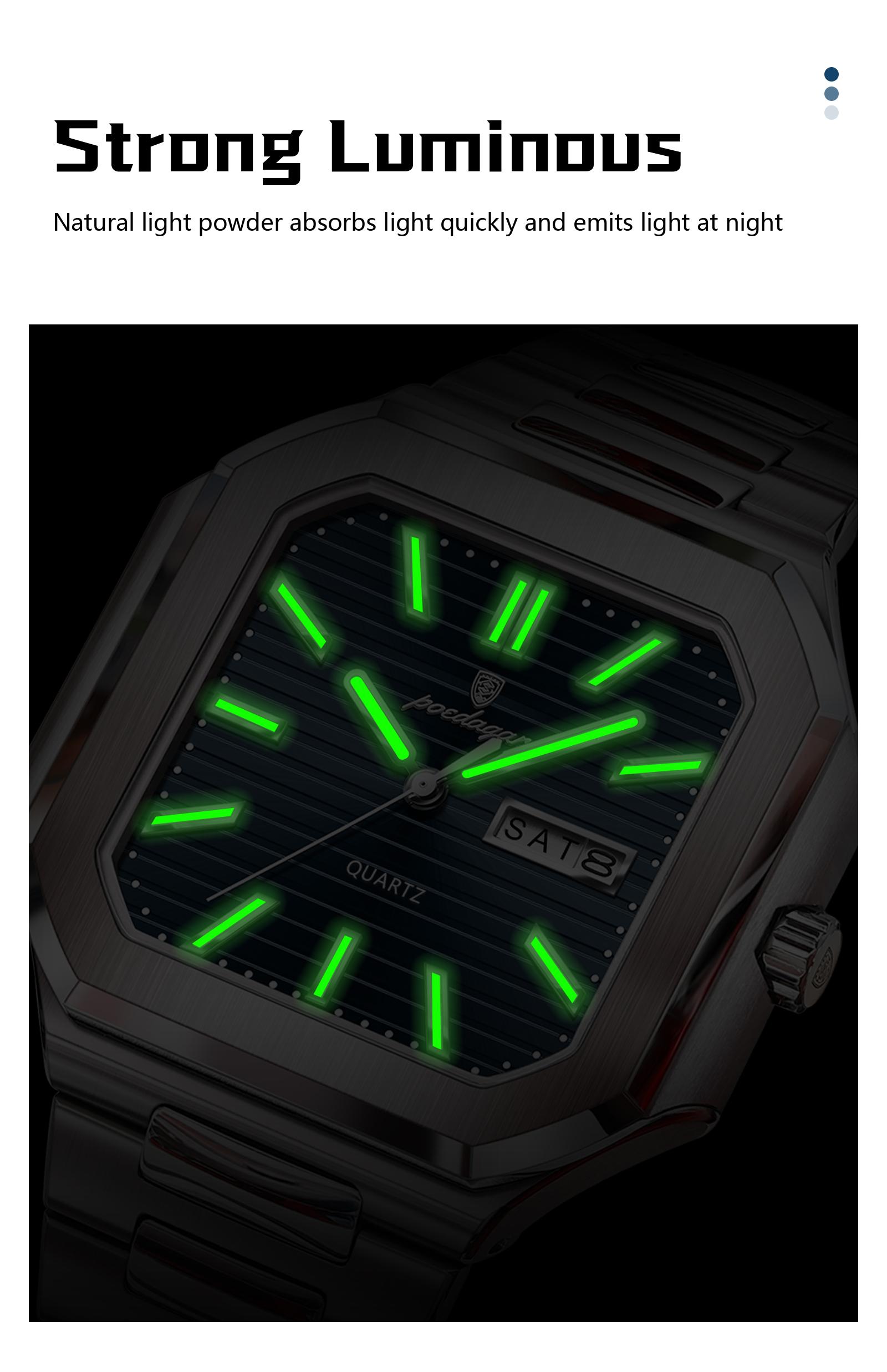 Poedagar square luxury fashion men's waterproof quartz watch, Water Resistant Watch, with luminous date and day display, stainless steel men's watch Square dial wristwatch
