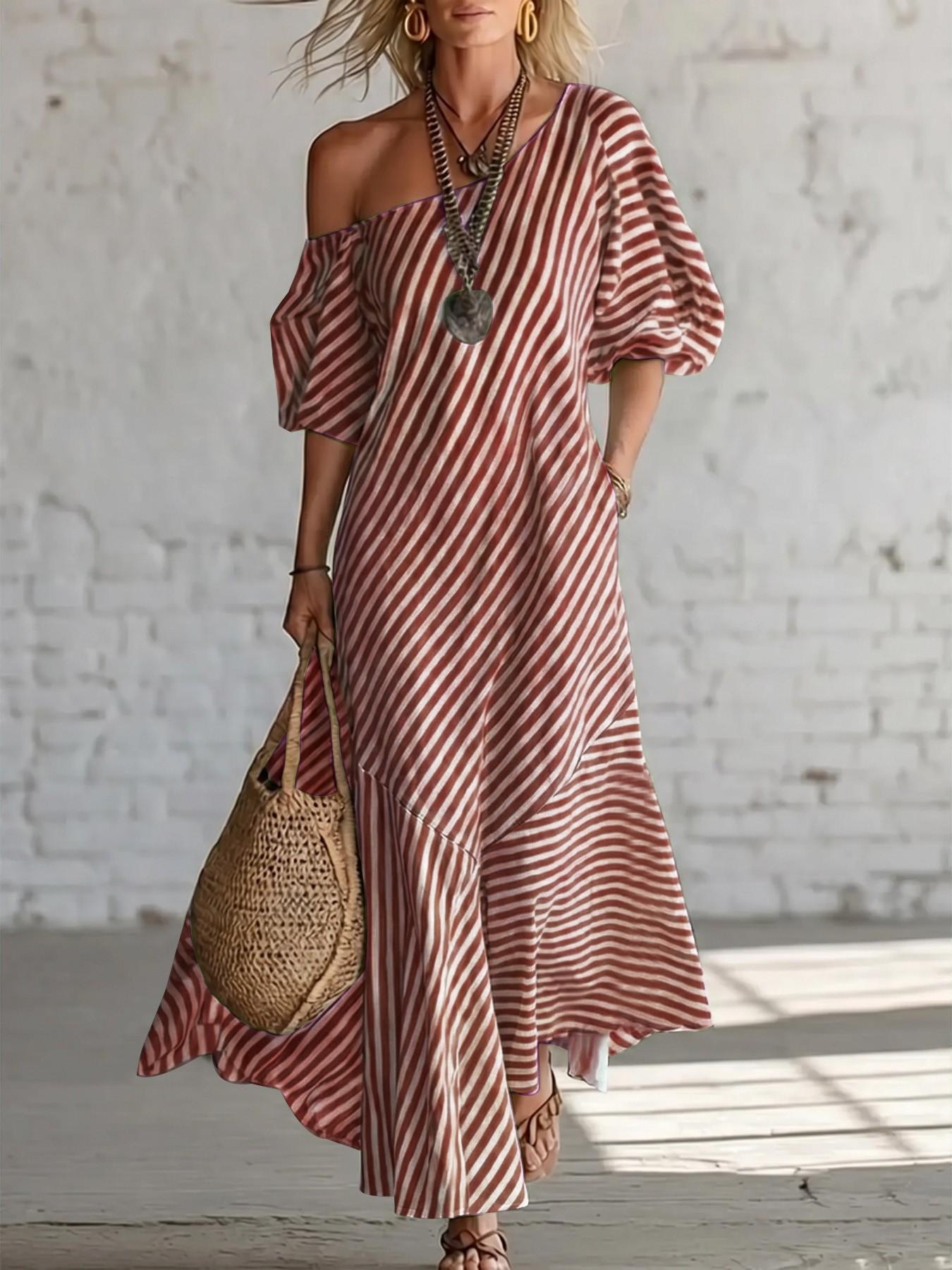 2026 Summer Asymmetric One Shoulder Striped Maxi Dress, Puff Short Sleeve, Irregular Hem, Casual Beach Sundress for Coastal Vacation  house dress Casual Wear Piece