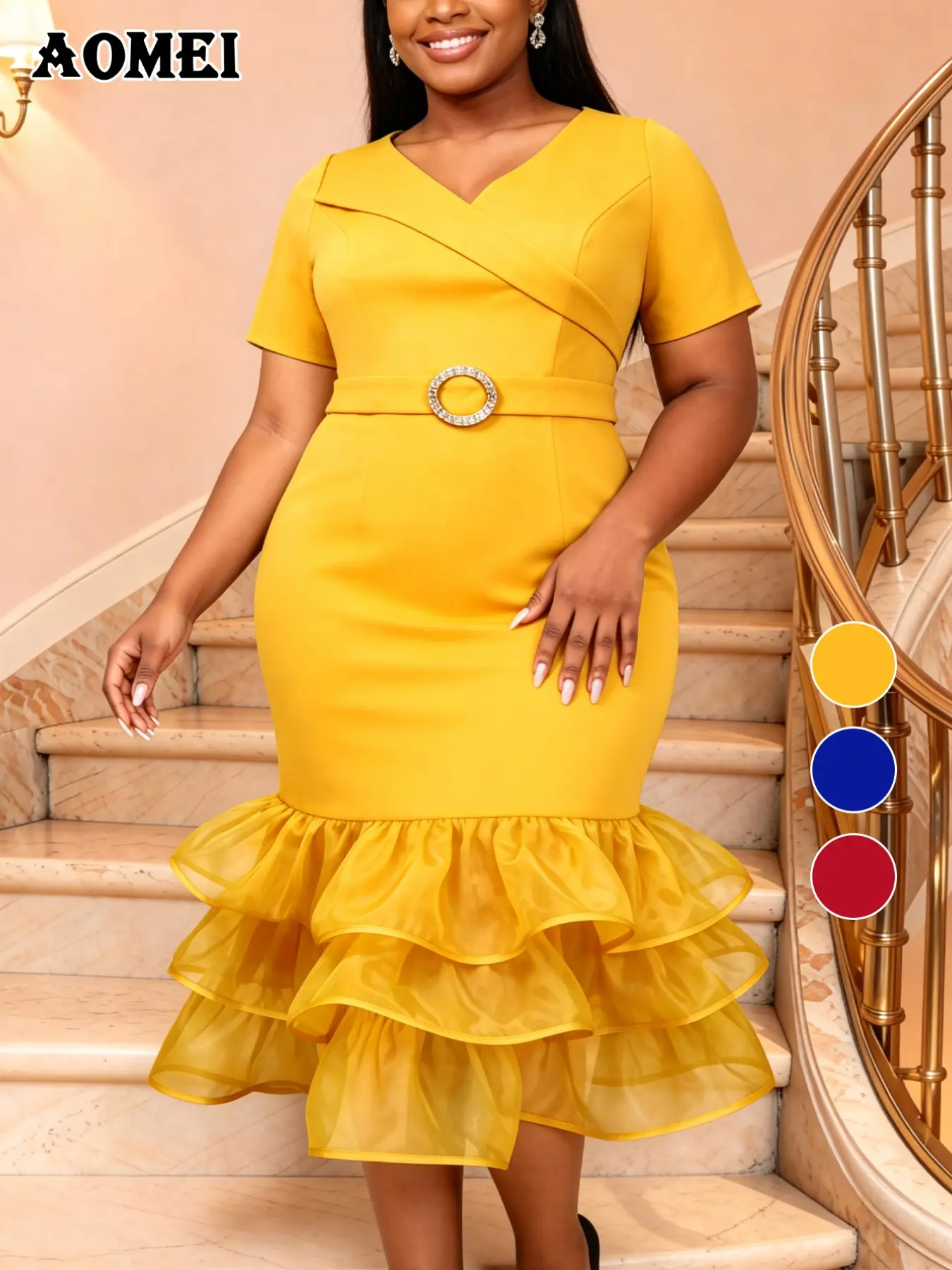 AOMEI Plus Size Women Elegant Bodycon Mermaid Midi Dress V Neck Short Sleeve Belt Waist Mesh Patchwork Ruffle Hem Wedding Guest Church Party Spring Summer Outfits