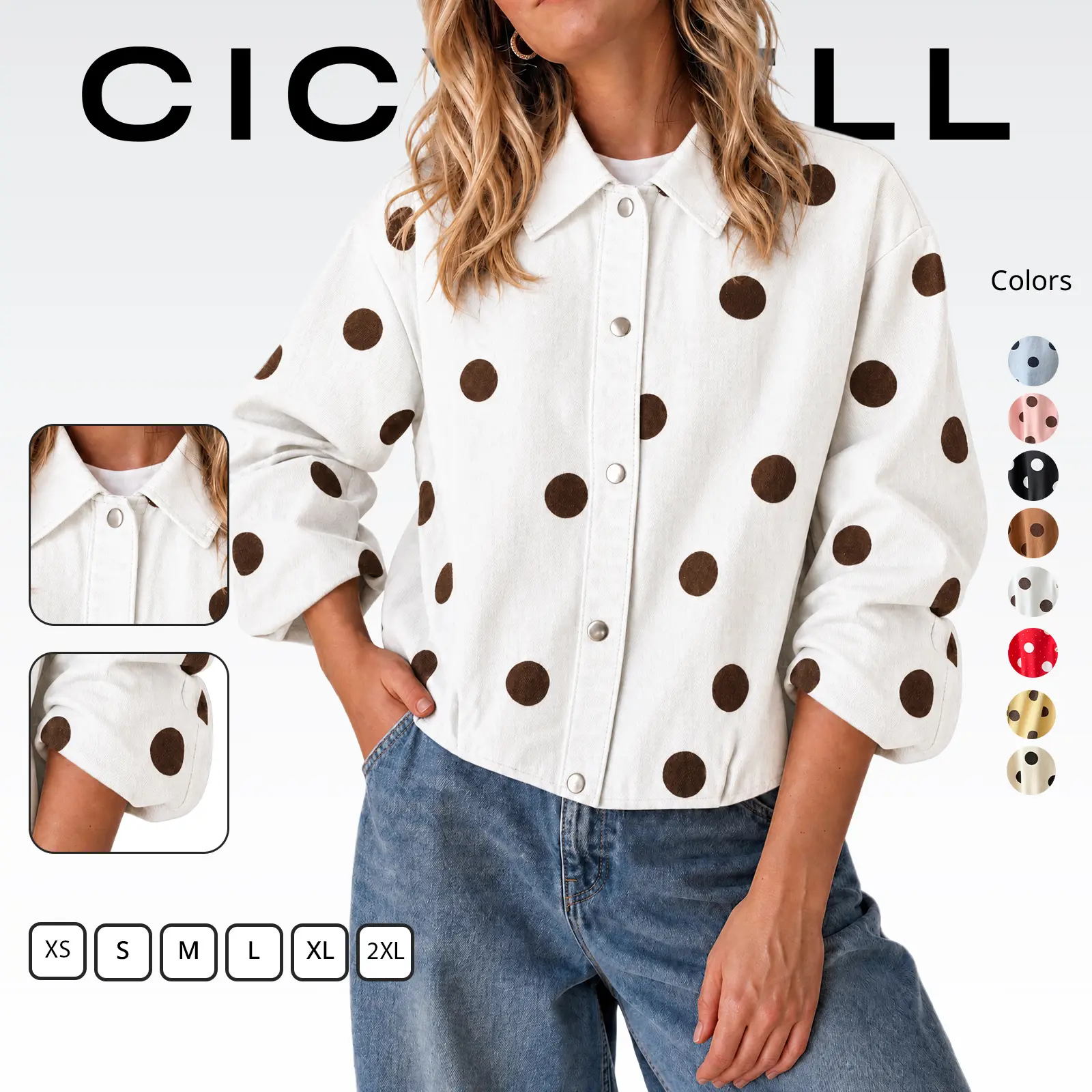 Cicy Bell Womens Polka Dot Denim Jackets Button Down Casual Fall Jean Coats | loose fit, long sleeve, cropped outerwear, collar lapel, pleated jackets, spring coats, trendy cotton jeans coats