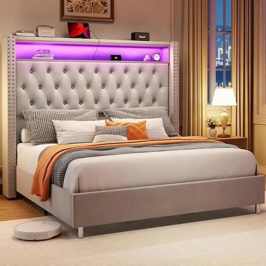 Queen/King Size RGB-Lit LED Bed Frame with Storage, 52.8in Rectangular Tufted Velvet Headboard, Classic Platform, Floor Guardrail, Charging Function, Assembly Required, for Modern Bedrooms, Rgb-Lit Bed Frames