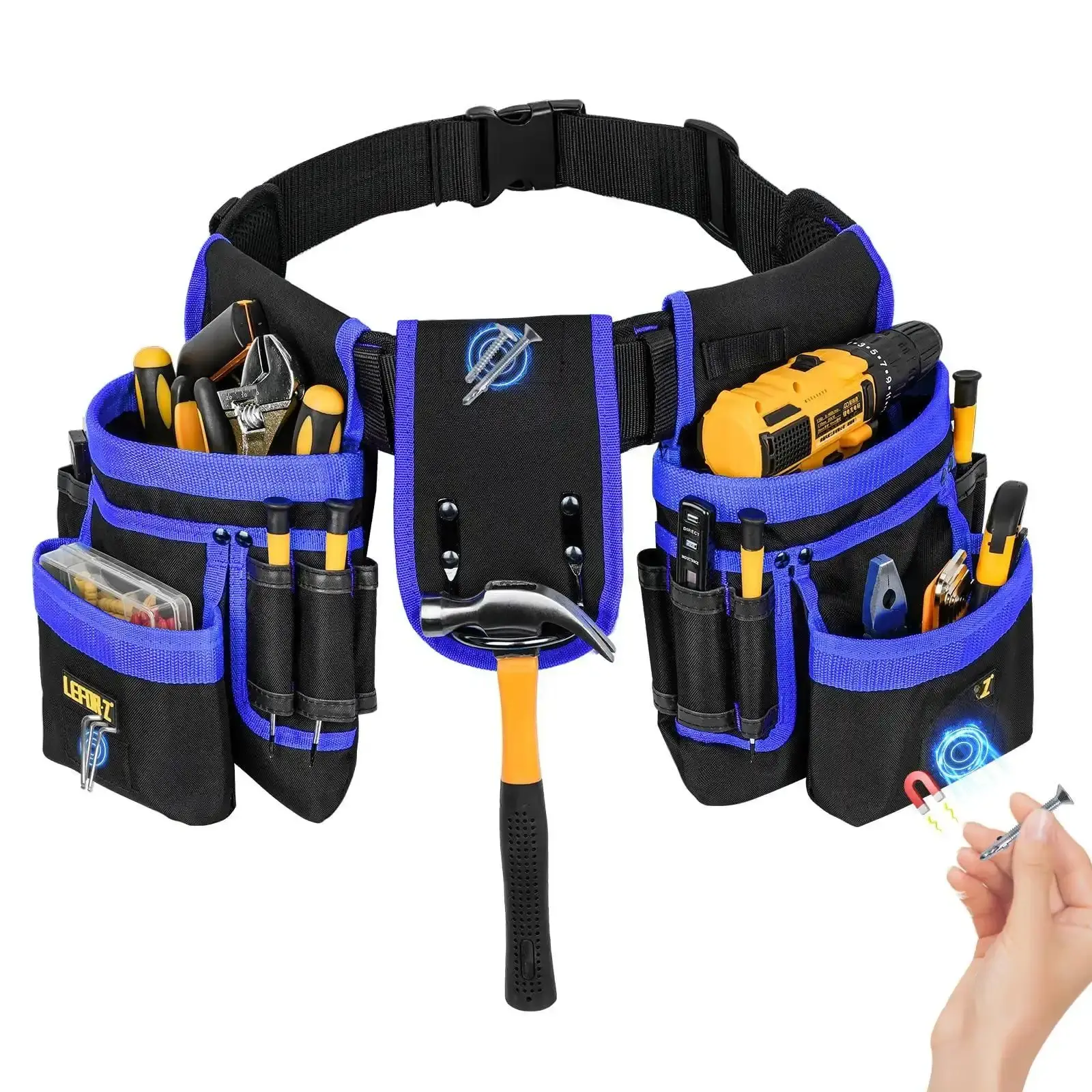 Men's 27-Pocket Magnetic Tool Belt with Tool Belt Pouches - Heavy-Duty Detachable Pouches, Quick-Release Organizers, Adjustable Waist Holder for Electricians, Ideal Birthday Gift for Boyfriend/Dad/Husband (Black & Blue Options)