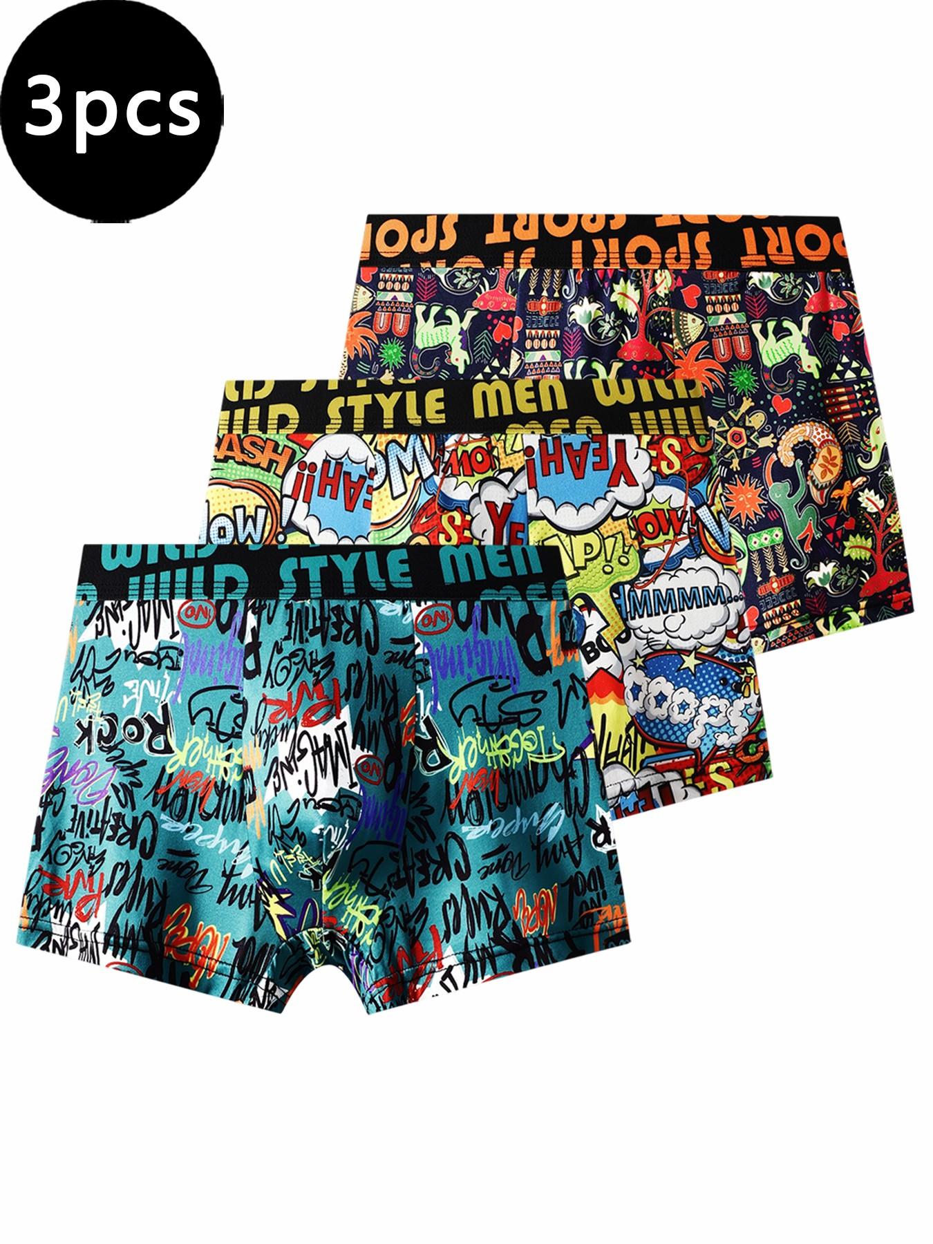 3-pack men's boxer briefs, trendy graffiti prints, soft and breathable, street-style underwear