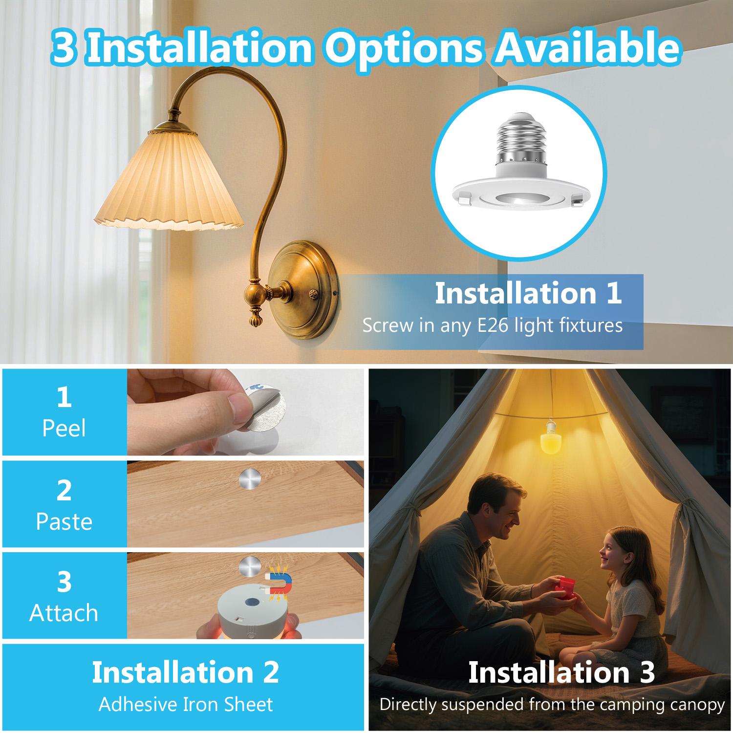 DAYBETTER E26 Rechargeable Light Bulb with Remote & Timer 3 Color Temperatures 12 RGB Colors Dimmable for Sconces Lamps Magnetic Non-Hardwired Fixture 5W 300 Lumens Type-C USB Charge