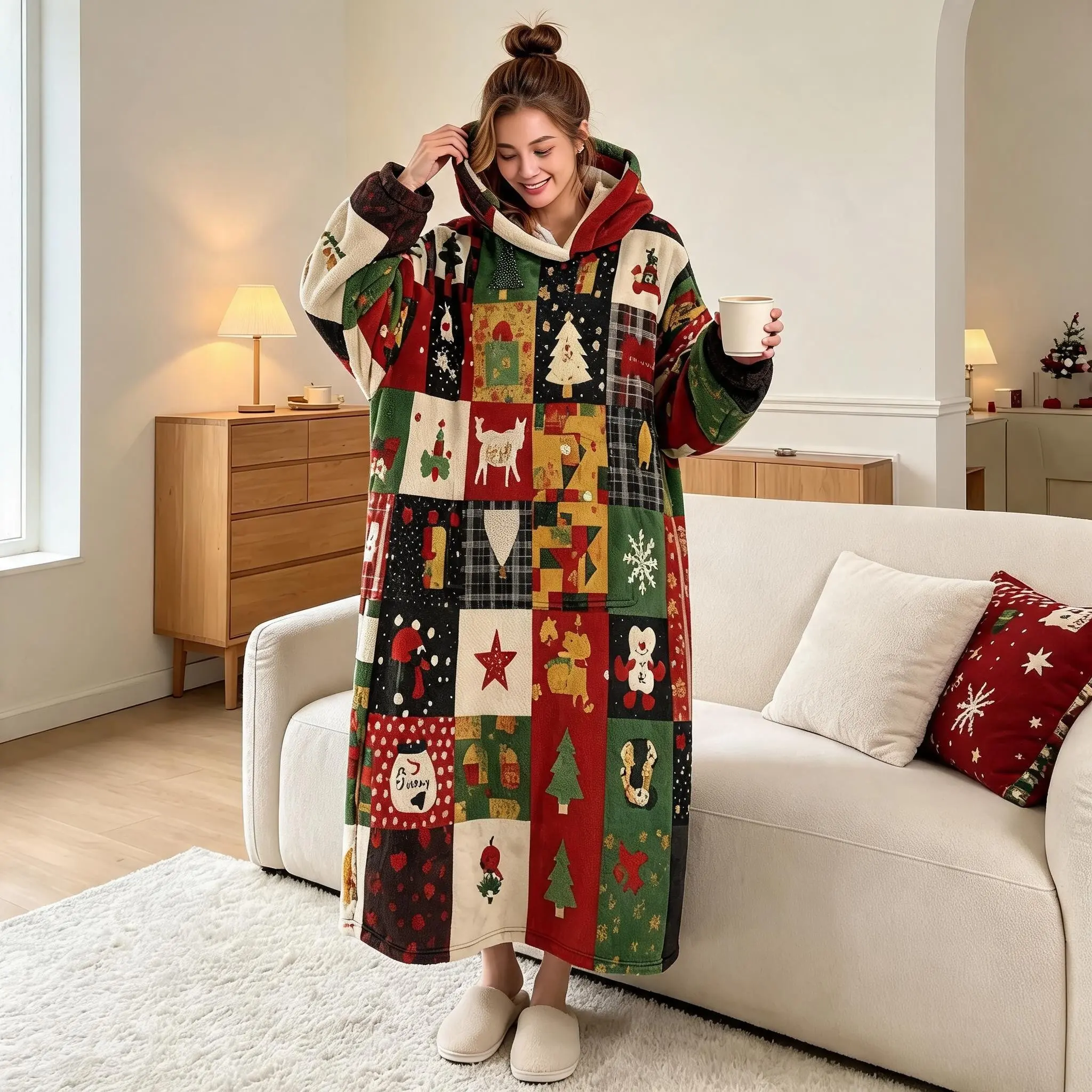1pc Wearable Blanket with Hood, Christmas Plaid Reindeer Print, Flannel Cover, Practical Pocket Design, Cozy Gift for Home & Dorm
