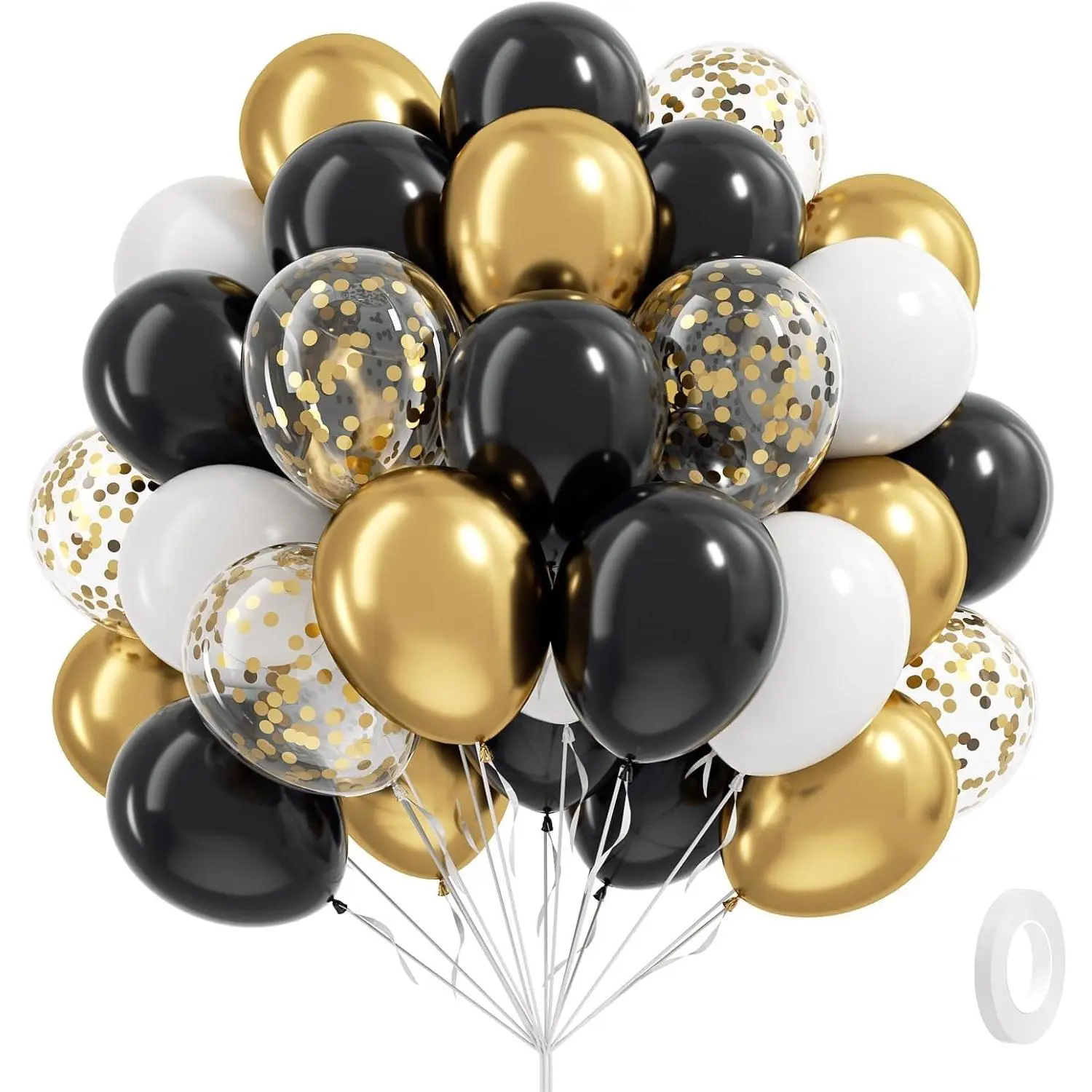 12 in Party Balloons (60pcs) - Black, White, Metallic Gold & Confetti, Graduation Party Decor, 2025 Birthday Event Supplies
