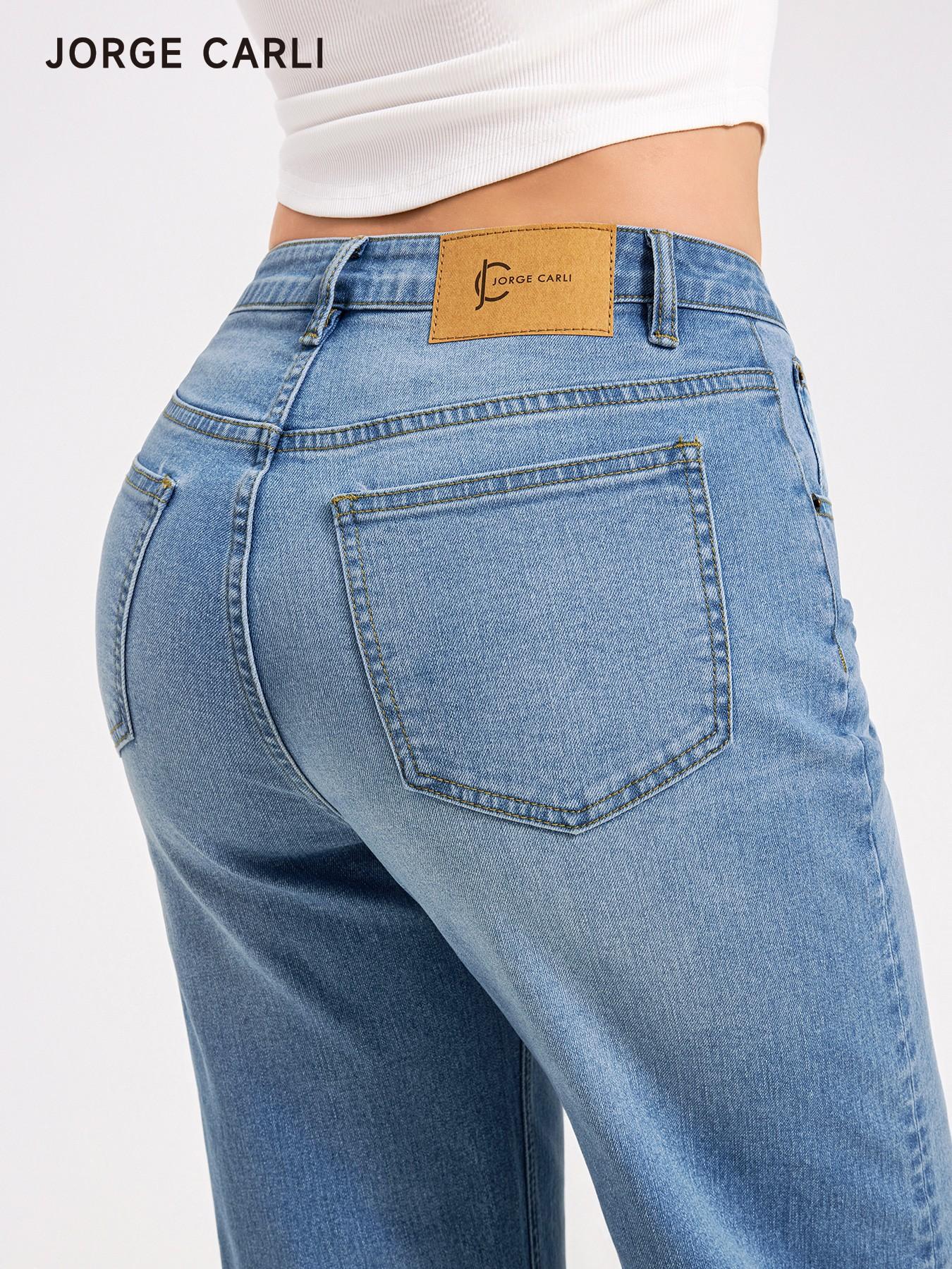 JORGE CARLI  Women's Mid-Waist Elastic Straight Leg Jeans, Front Zipper Design, Casual Office Wear, Versatile Nine-Part Wide Leg Pants