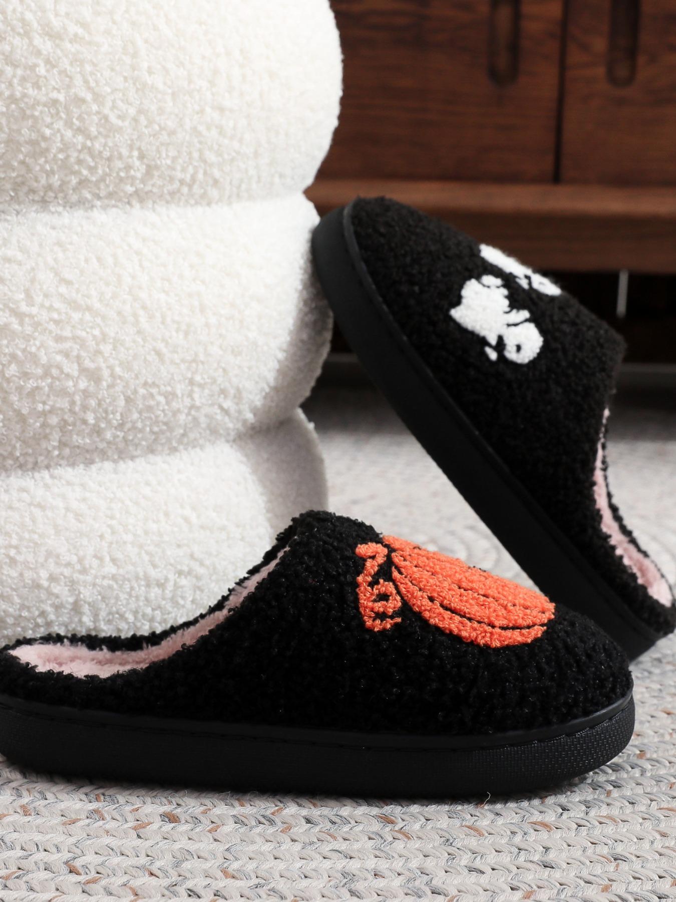Halloween Pumpkin Ghost Embroidered Plush Slippers, Comfortable Indoor Home Shoes for Men & Women, Fall Season Gift Idea