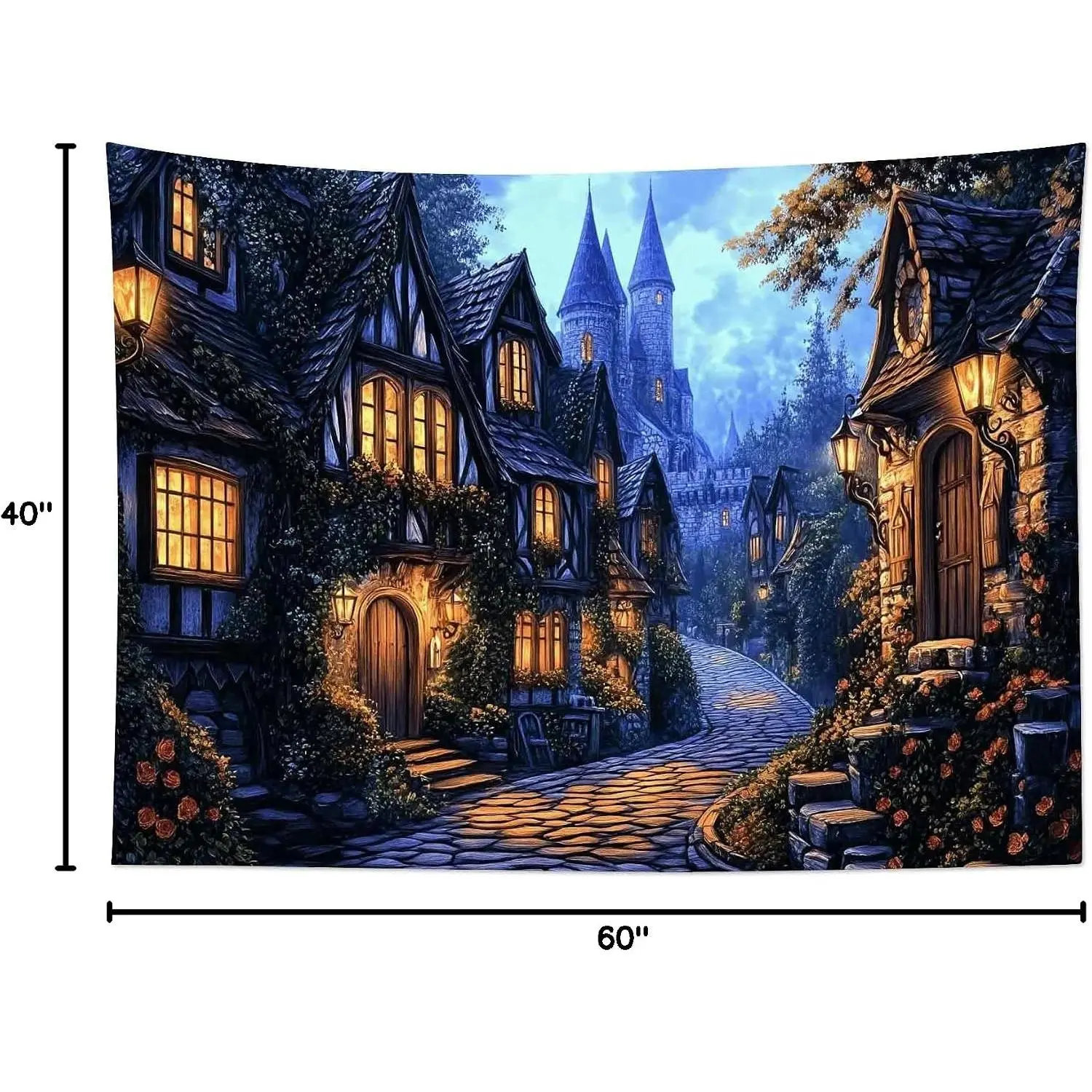 Vintage Castle Tapestry, Blue Yellow Night Street Old House and Gothic Village Wall Tapestry for Bedroom, Aesthetic Wall Art Decor for Living Room Dorm Home