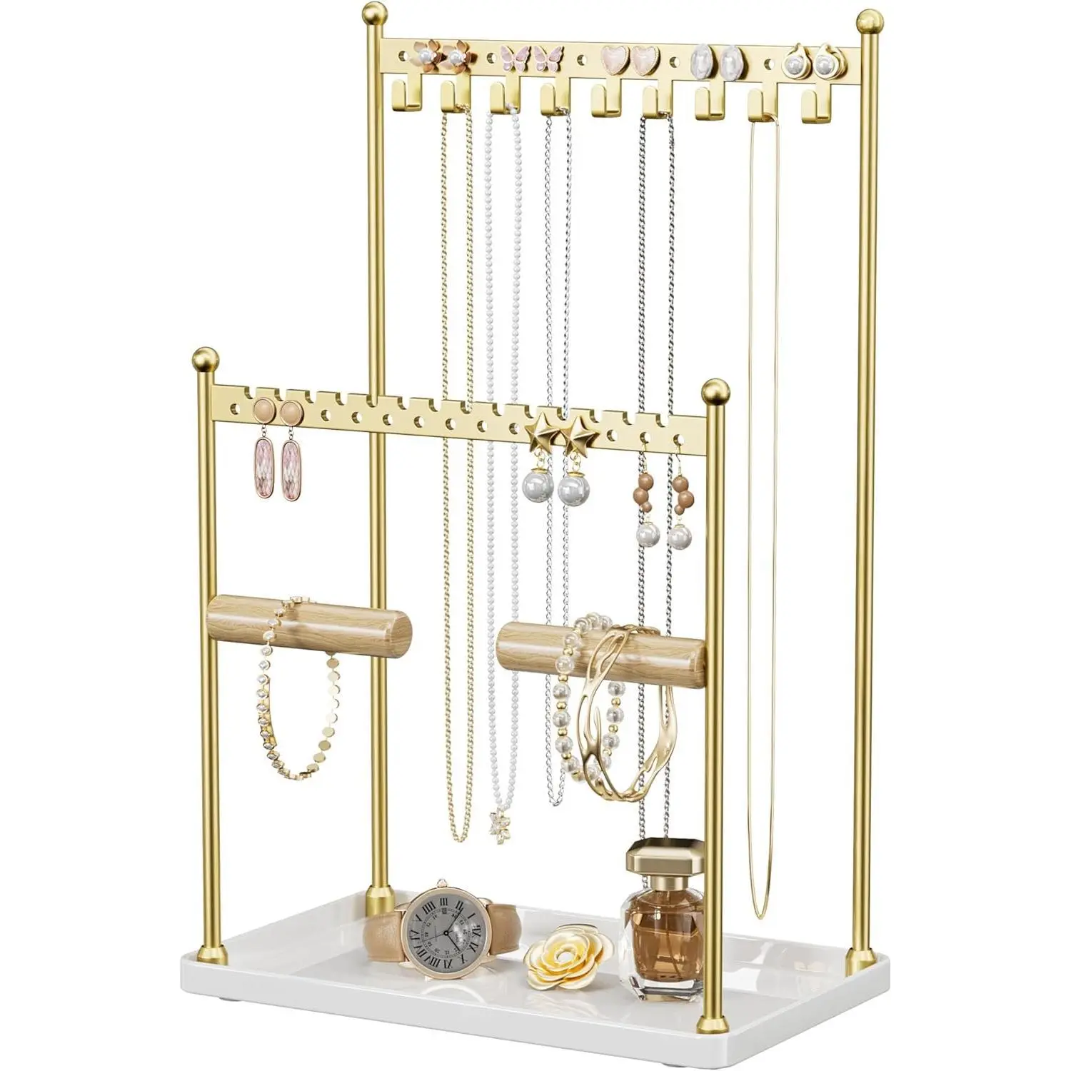 Gold 3-Tier Rectangular Aluminium Jewelry Stand - Compartmentalized Organizer with Contemporary Look, 44 Holes, 9 Hooks for Necklaces, Earrings, Bracelets, Rings, Everyday Use for Bedroom Vanity, Compartmentalized Organizers, Rectangular Shape, Jewelry St
