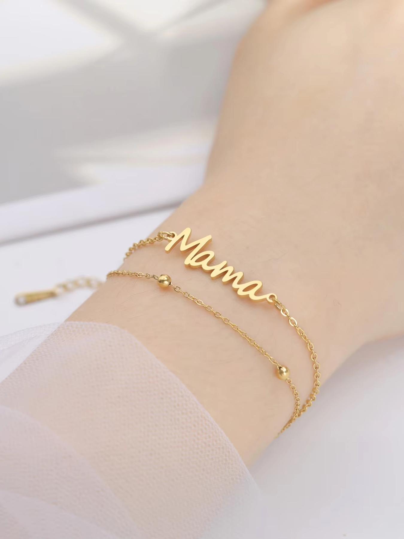 Sky Horizon Alphabet Mom Pendant Bracelet - Stainless Steel Double Layer Beaded Bracelet - A delicate mom bracelet, a gift for new moms, mothers-in-law, stepmothers, mothers, and wives on Mother's Day. Fashion accessory. Mother's Day gift, mom gift.