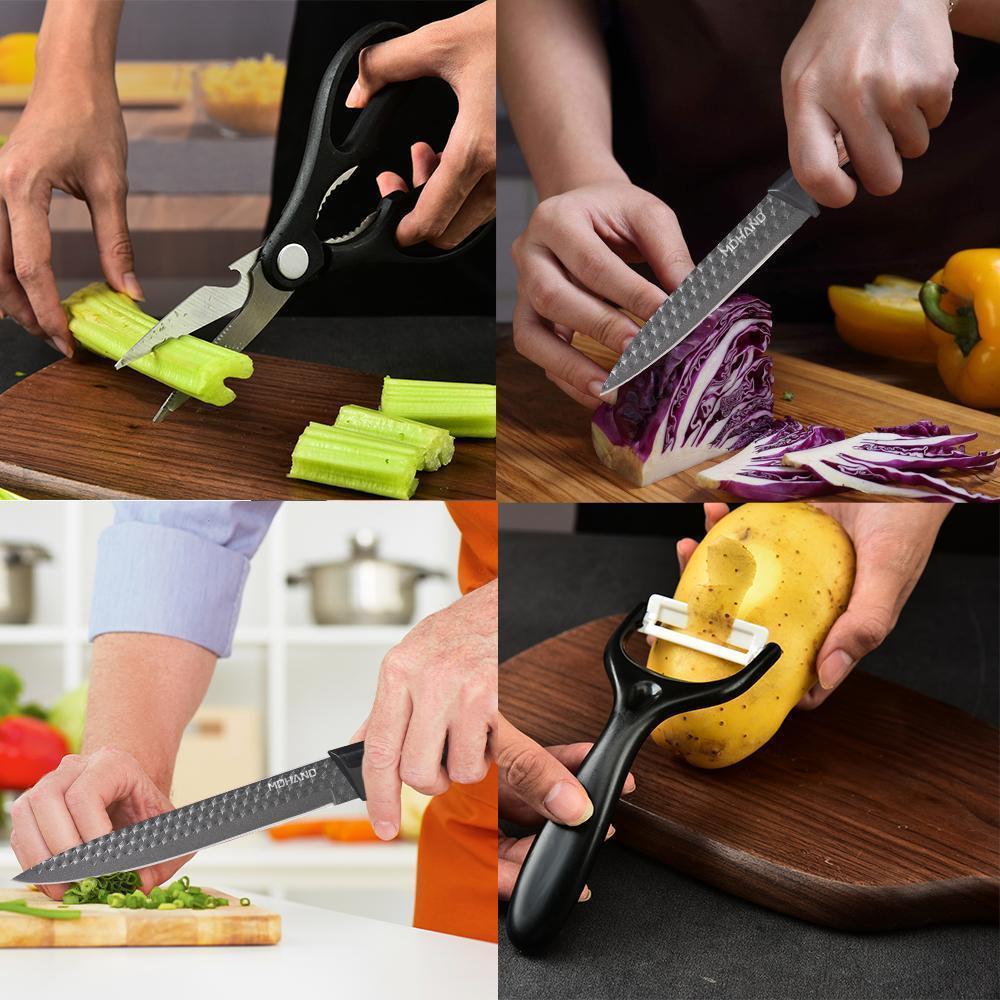 Professional 7pcs Kitchen Knife Set - Chef's Knife, Slicing Knife, Scraper, Scissors and Cutting board - High Carbon Stainless Steel with Ultra-Sharp Blades, Non-Stick Ergonomic Wooden Handles - Ideal for Home, Travel, and Gift Box Set#Summervibes