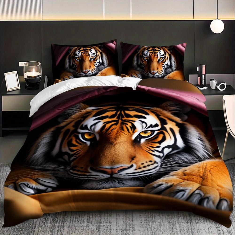 Bedding 3-piece set - 3PCS,orange and purple patterned tiger lying down comforter set (1 comforter cover + 2 pillowcases, filling not included). soft and comfortable, suitable for family bedrooms.