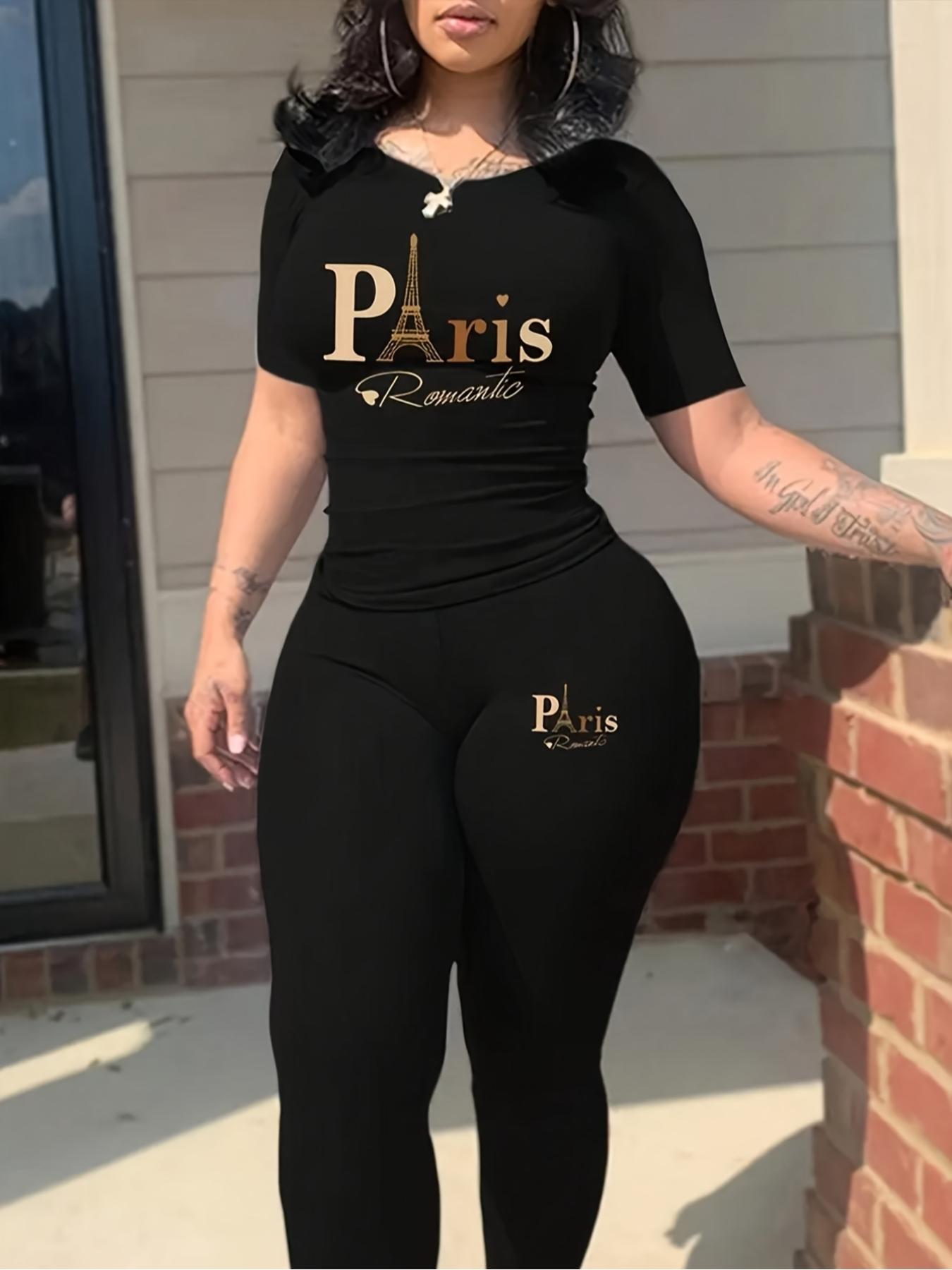 Women's Paris Print Two-Piece Set, Casual Solid Color Short Sleeve Round Neck T-Shirt & Tight Pants, Ladies Fashion Clothing