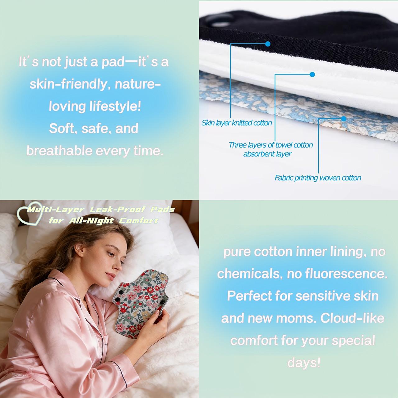 3pcs Reusable Pads Set, High Absorbency Leakproof Night & Day Use, Cotton Lining, Multiple Sizes, Postpartum Menstrual Incontinence Care