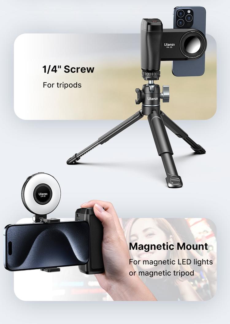 ULANZI Selfie Phone Tripod Mount MA35, 2-in-1 Magnetic & Phone Clip Camera Grip Handle Holder with Detachable Remote Shutter with Cold Shoe Adapter for Smartphone Video Shooting
