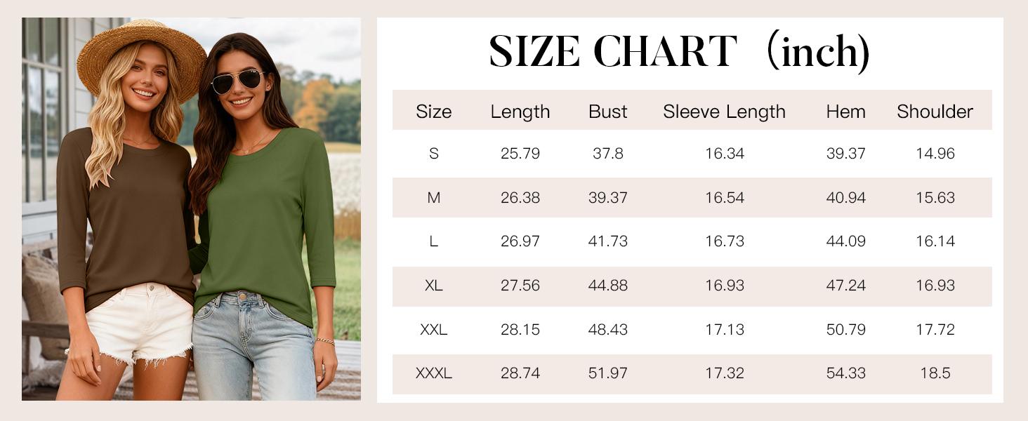 Women's 3-Pack 3/4 Sleeve Crewneck T-Shirts - Solid, Breathable, Classic Basic Casual Tees, Loose Fit Blouses, Summer Clothes, Fall Layering Tops, Work Outfits, Machine Washable Fabric Fashion